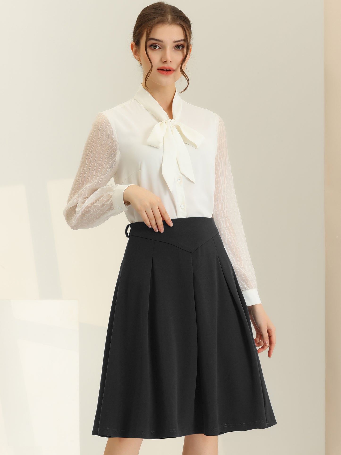 Women's Office Work Skirts Belted Waist Midi A-Line Pleated Skirt (Available in Plus Size)