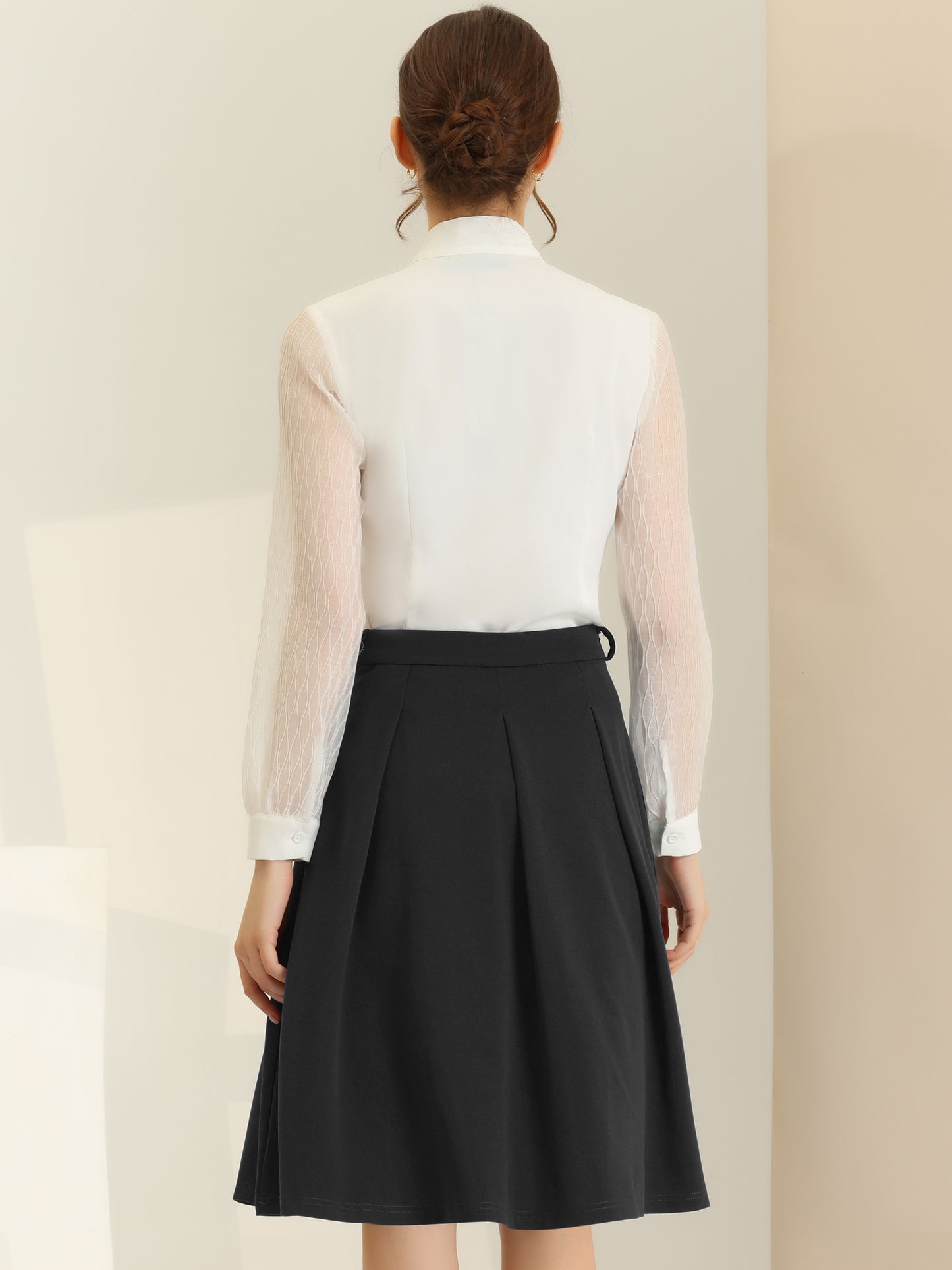 Women's Office Work Skirts Belted Waist Midi A-Line Pleated Skirt (Available in Plus Size)