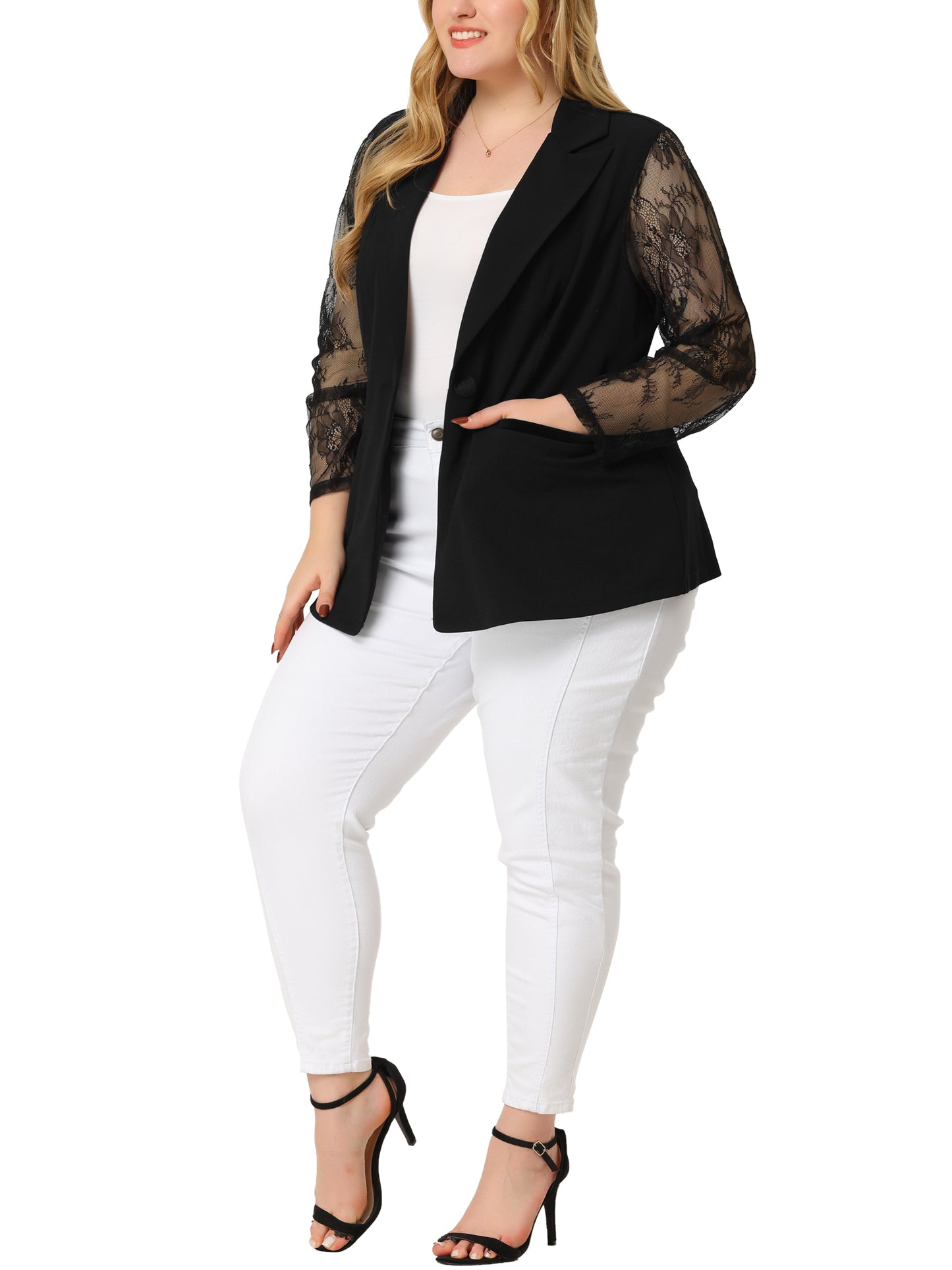Women Plus Size Blazers Work Jackets Notch Lapel Lace Front Blazer Jackets