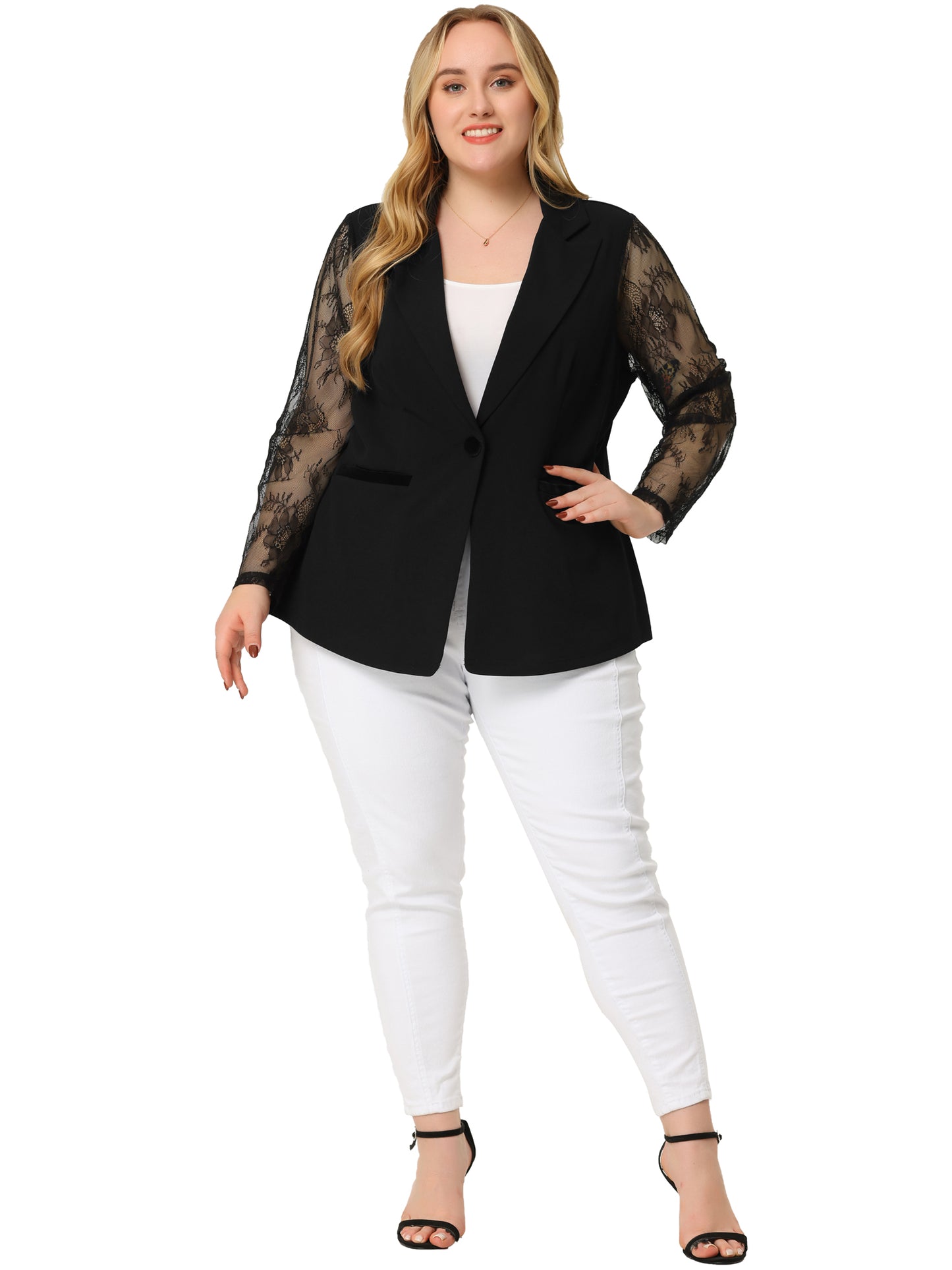 Women Plus Size Blazers Work Jackets Notch Lapel Lace Front Blazer Jackets