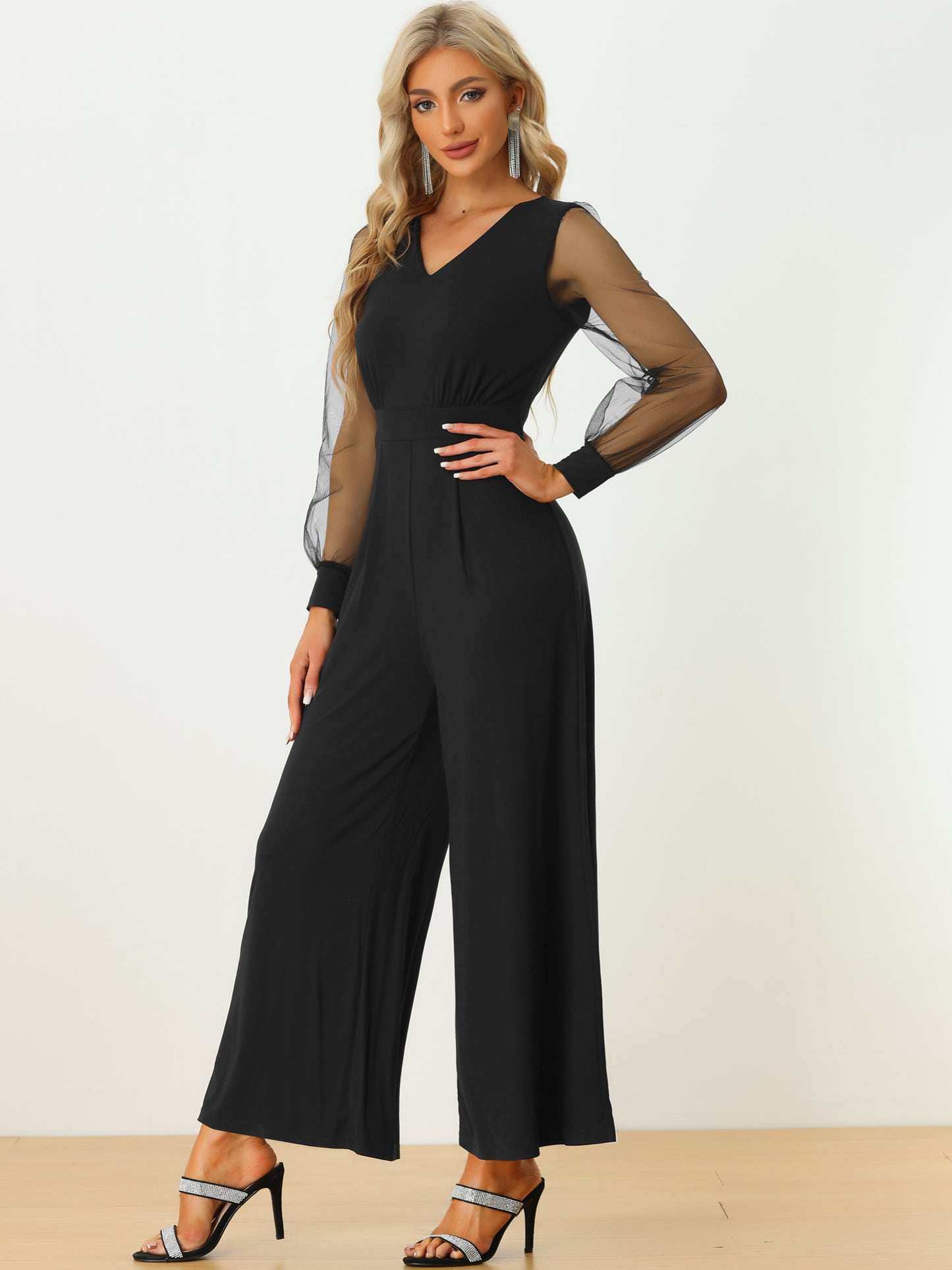 Women's Elegant V Neck Mesh Long Sleeve Loose Wide Leg Romper Cocktail Jumpsuits (Available in Plus Size)
