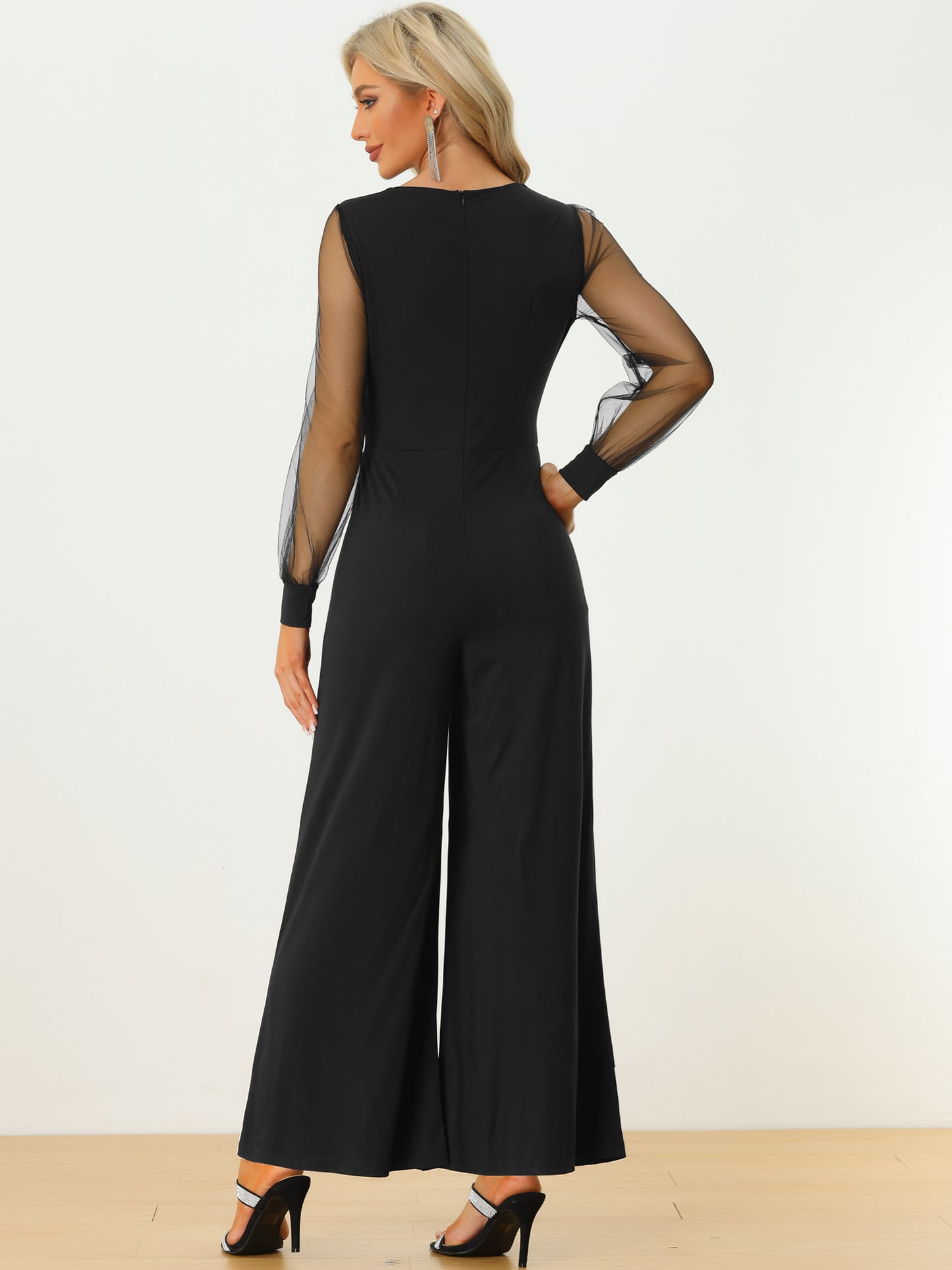Women's Elegant V Neck Mesh Long Sleeve Loose Wide Leg Romper Cocktail Jumpsuits (Available in Plus Size)