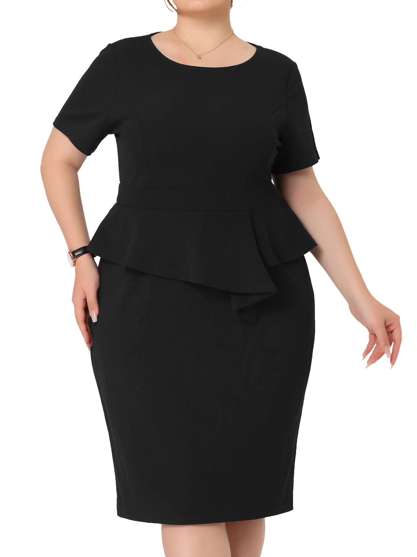Women Plus Size Business Dresses Short Sleeves Crew Neck Work Office Peplum Pencil Dress