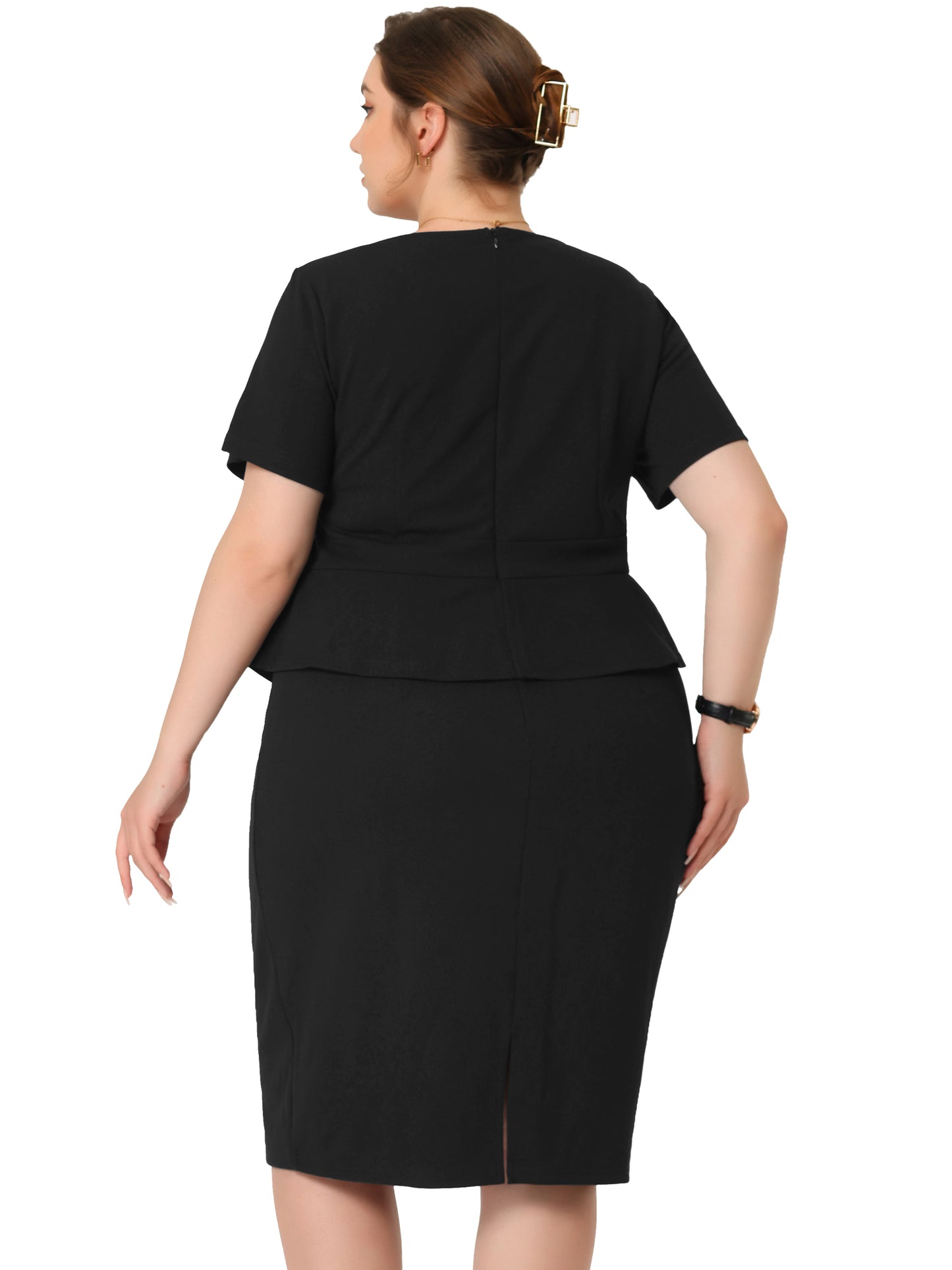 Women Plus Size Business Dresses Short Sleeves Crew Neck Work Office Peplum Pencil Dress
