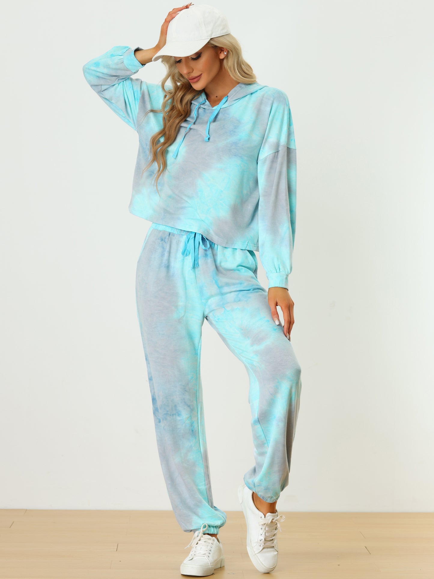 Women's 2 Piece Sweatsuits Tie Dye Pullover Hoodie Drawstring Jogging Tracksuit