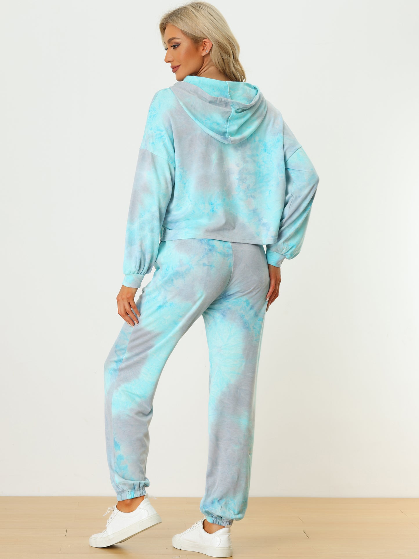 Women's 2 Piece Sweatsuits Tie Dye Pullover Hoodie Drawstring Jogging Tracksuit
