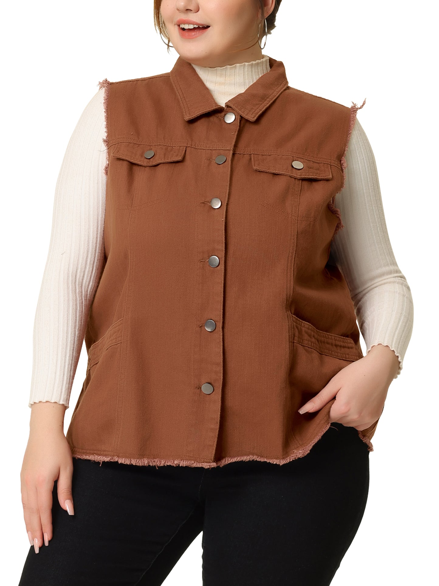 Chaqueta vaquera de talla grande para mujer, con botones, solapa delantera, deshilachada, lavada, sin mangas, chaleco vaquero largo