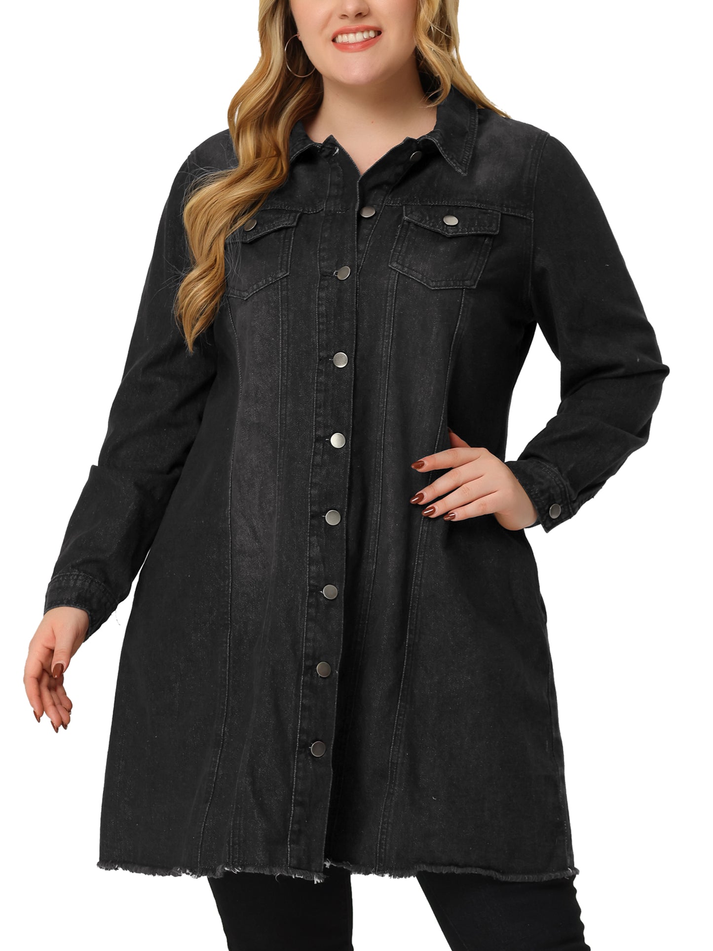Women's Plus Size Denim Jacket Casual Long Distressed Button Up Pockets Jean Jackets