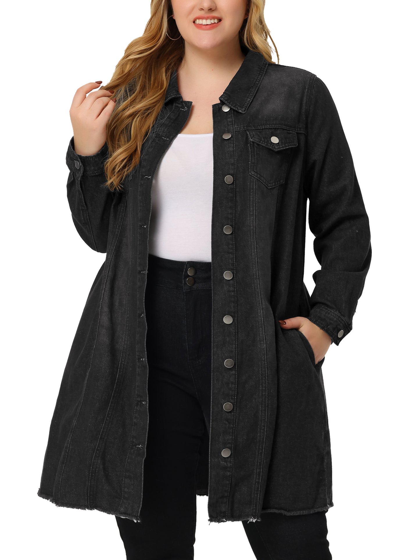 Women's Plus Size Denim Jacket Casual Long Distressed Button Up Pockets Jean Jackets