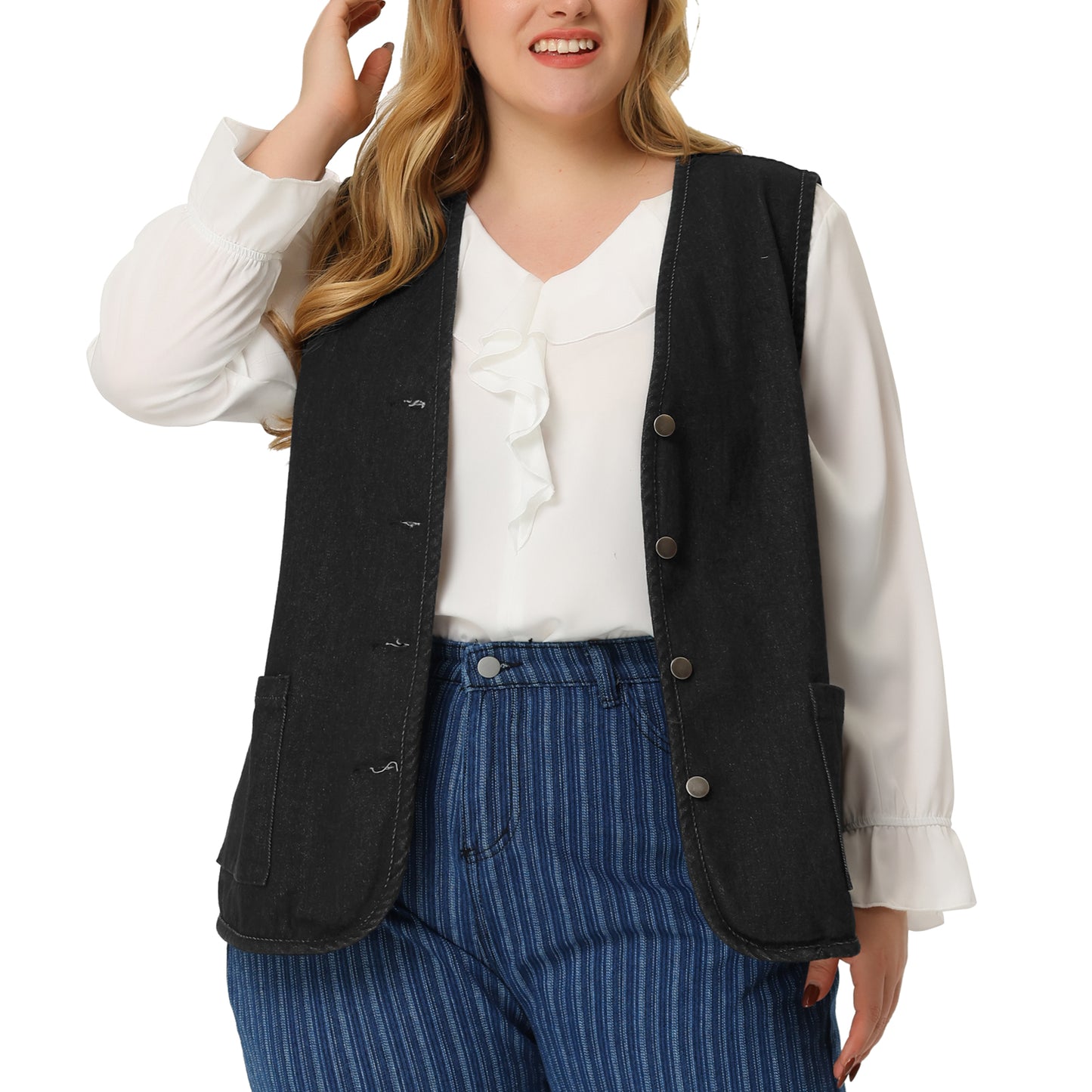 Women Plus Size Denim Vest Top Button Down V Neck Waistcoat Sleeveless Jean Jacket Vest