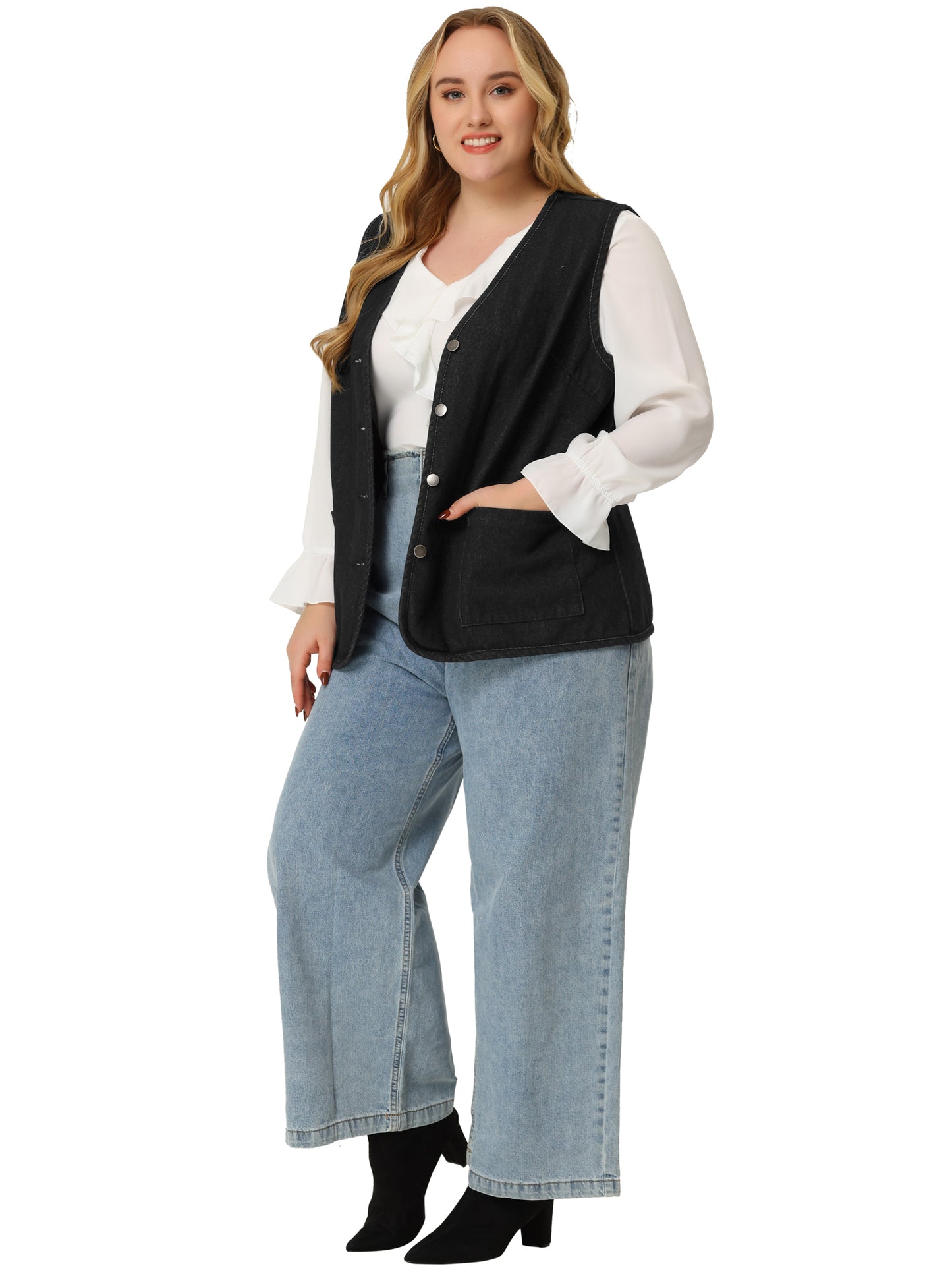 Women Plus Size Denim Vest Top Button Down V Neck Waistcoat Sleeveless Jean Jacket Vest