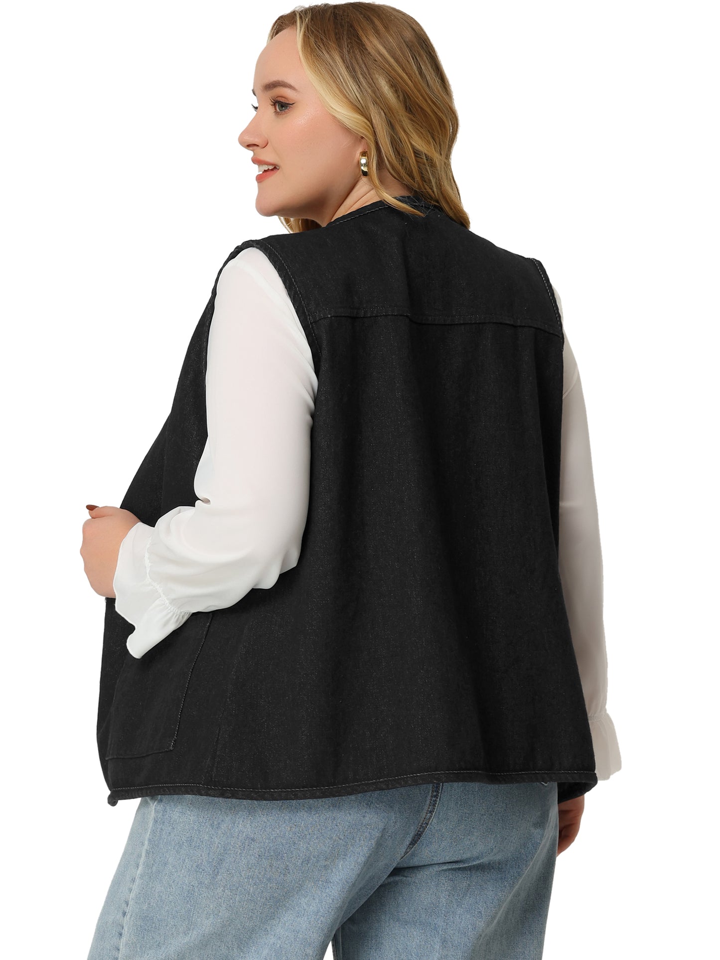 Women Plus Size Denim Vest Top Button Down V Neck Waistcoat Sleeveless Jean Jacket Vest