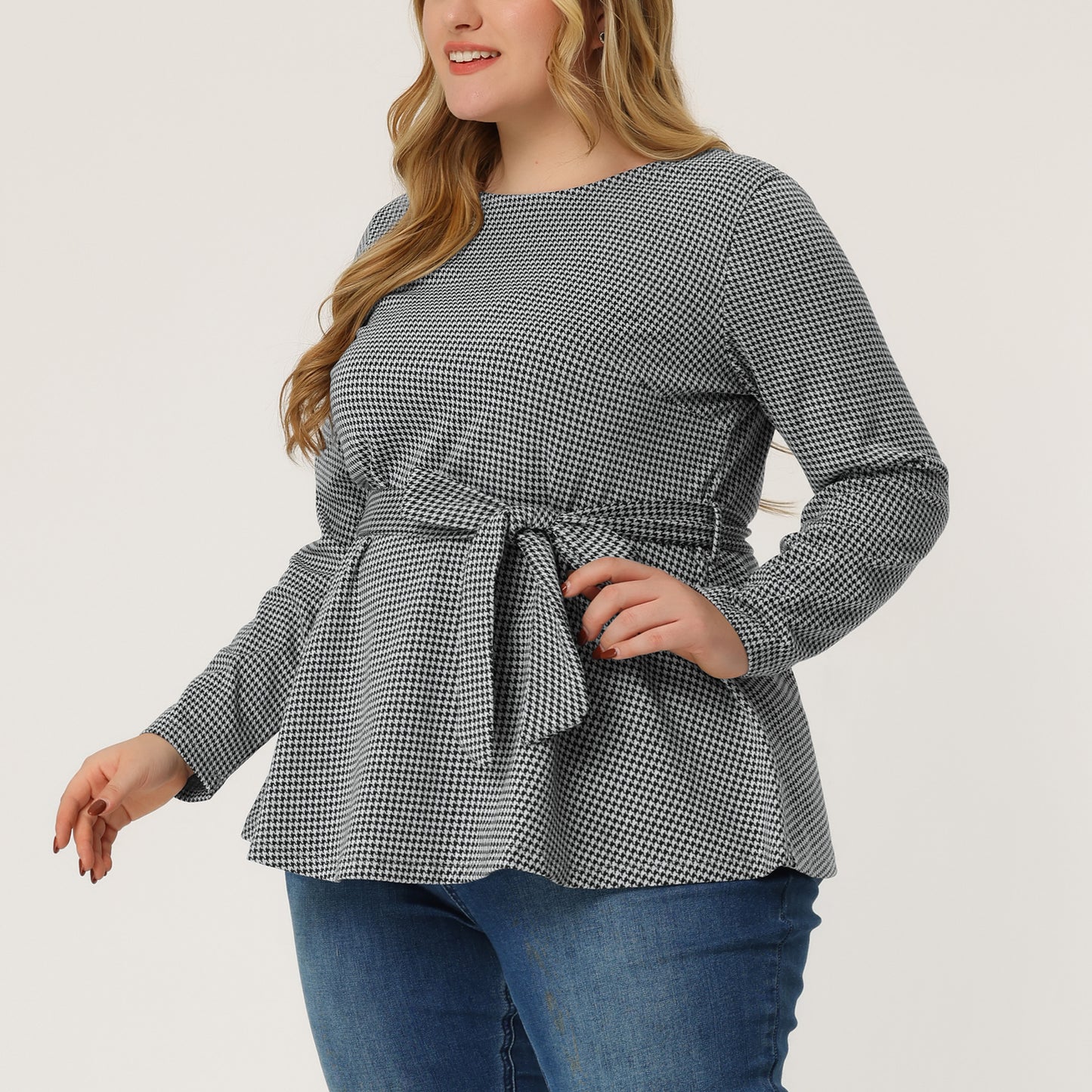 Women's Plus Size Peplum Top Belted Tie Houndstooth Blouse Long Sleeve Tunic