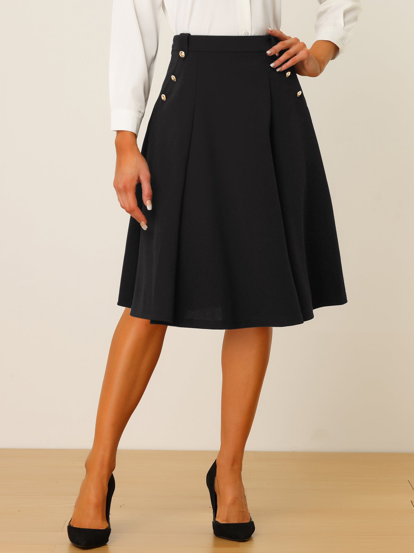 Women's High Waist Work Office Pleated Flared Elegant Midi Skirt (Available in Plus Size)