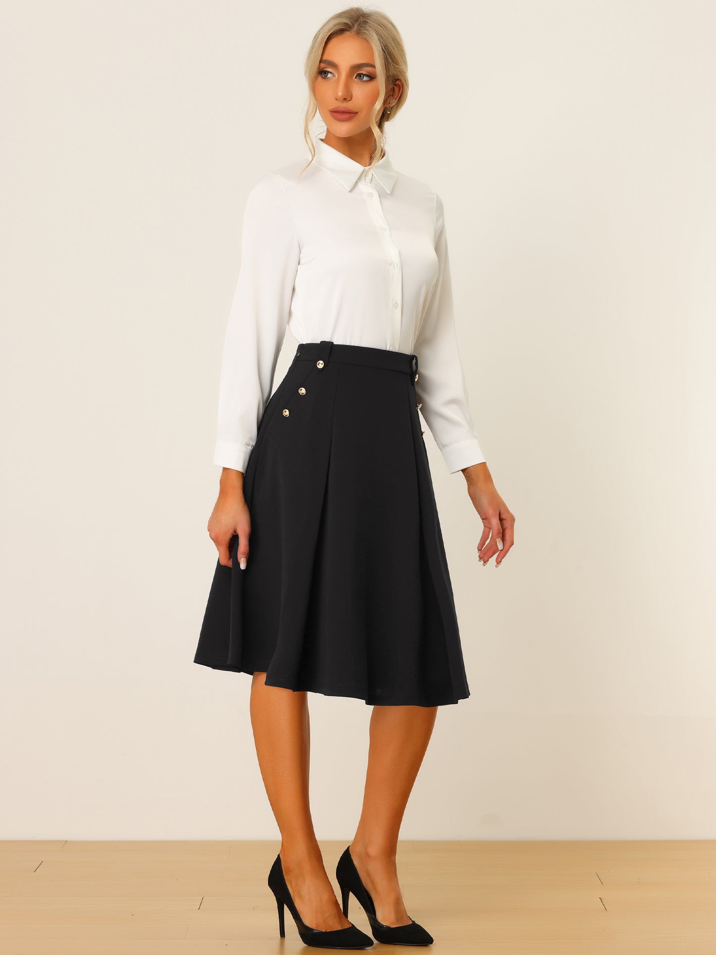 Women's High Waist Work Office Pleated Flared Elegant Midi Skirt (Available in Plus Size)
