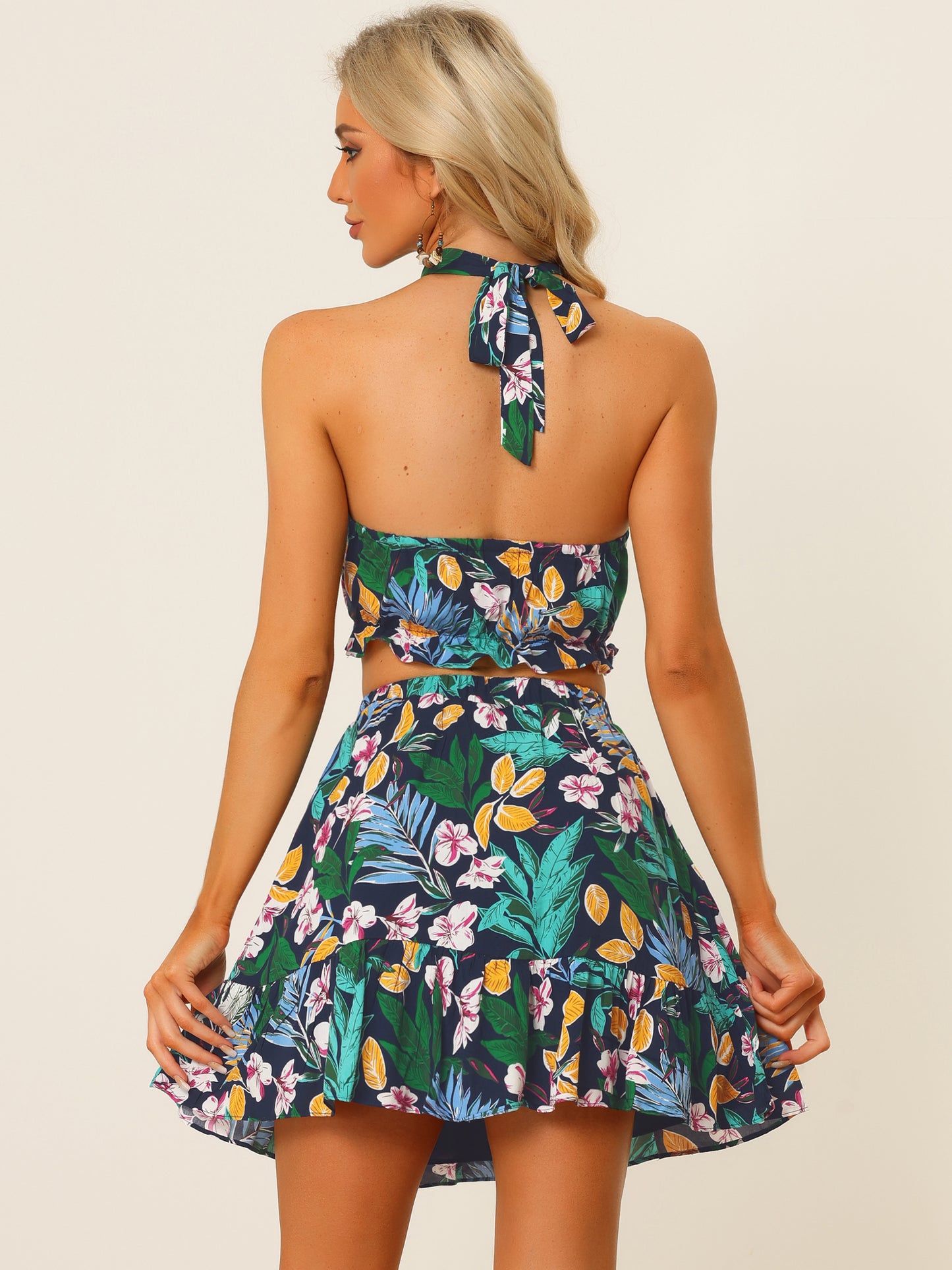 Women's 2 Piece Floral Halter Neck Sleeveless Crop Top with Short Skirt Set