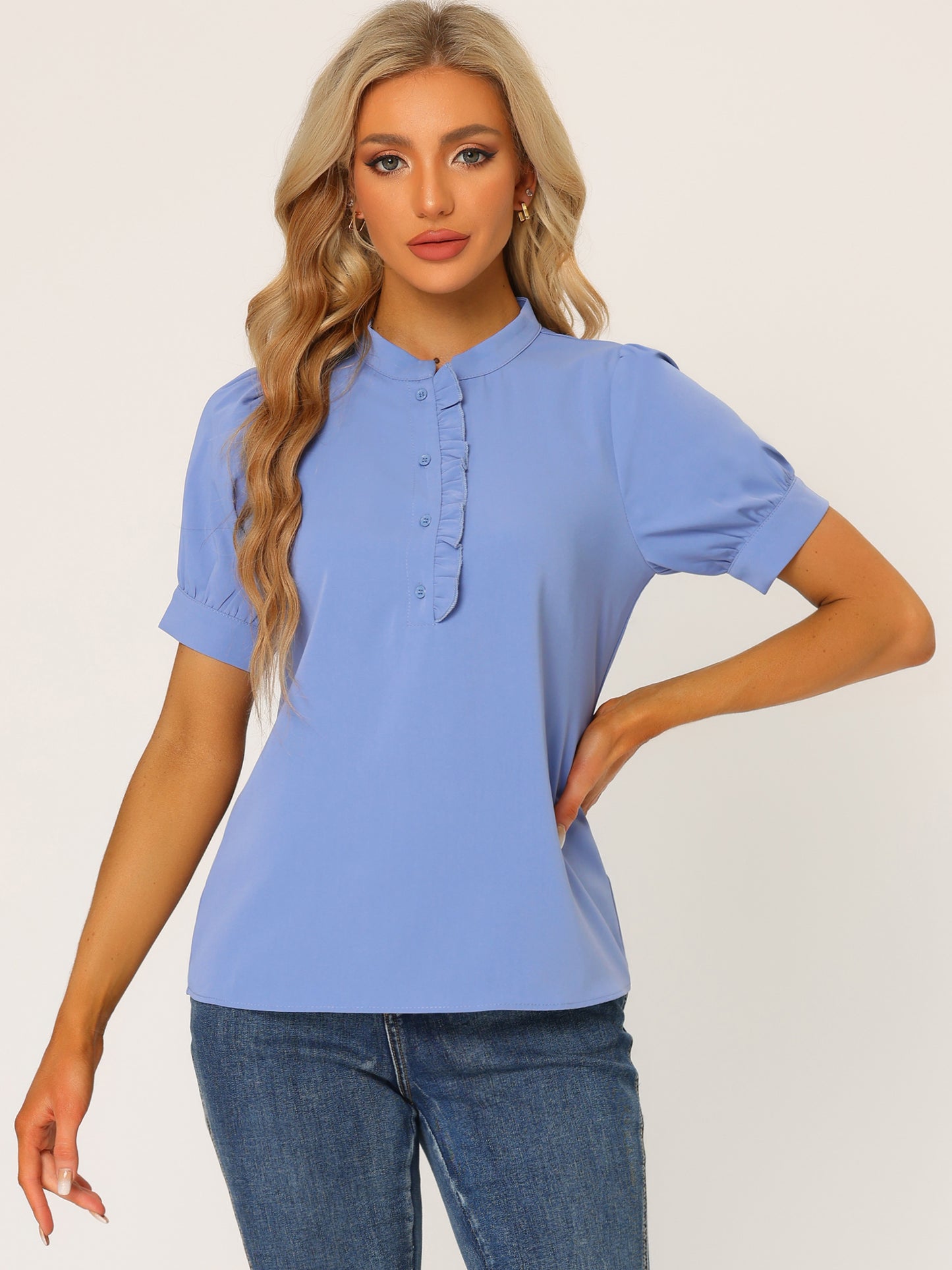 Women's Retrp Workwear Half Placket Puff Sleeve Ruffled Blouse Top