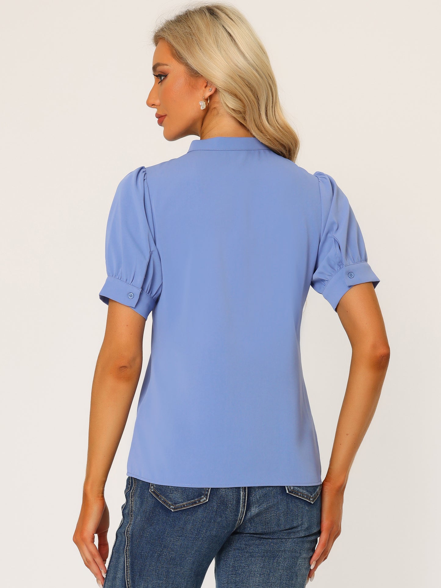 Women's Retrp Workwear Half Placket Puff Sleeve Ruffled Blouse Top