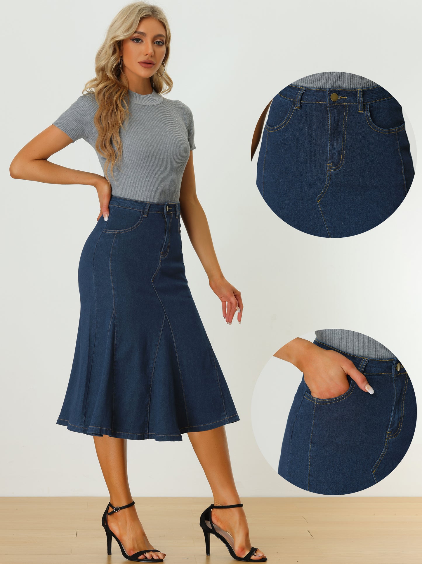Women's Casual Denim Skirt High Waisted A-Line Flared Midi Skirts (Available in Plus Size)
