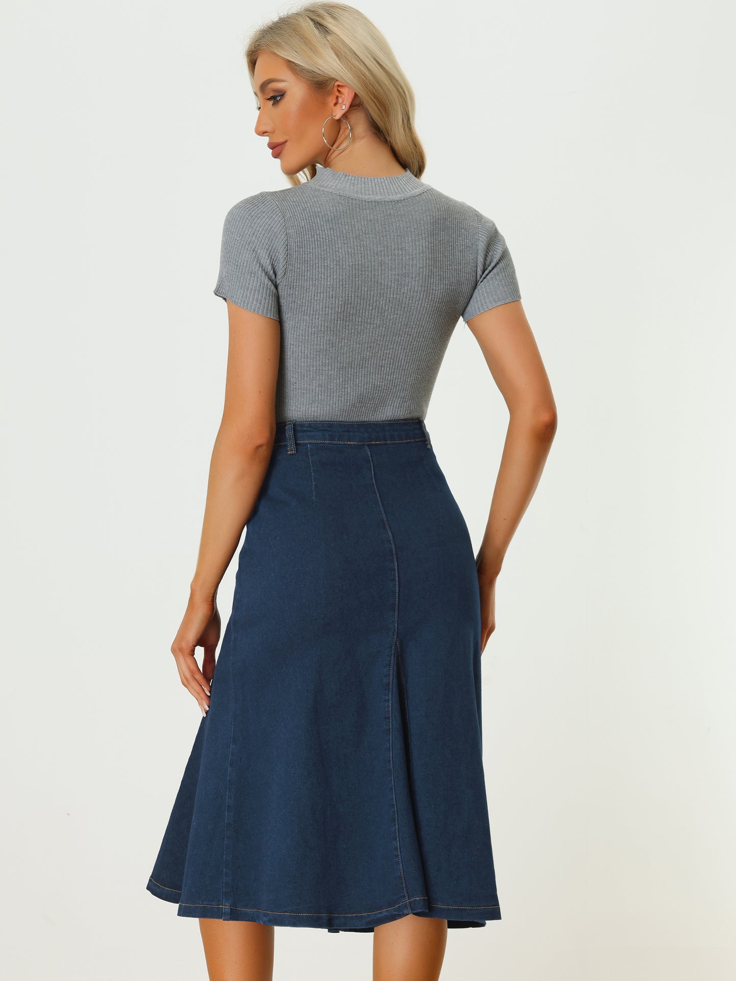 Women's Casual Denim Skirt High Waisted A-Line Flared Midi Skirts (Available in Plus Size)