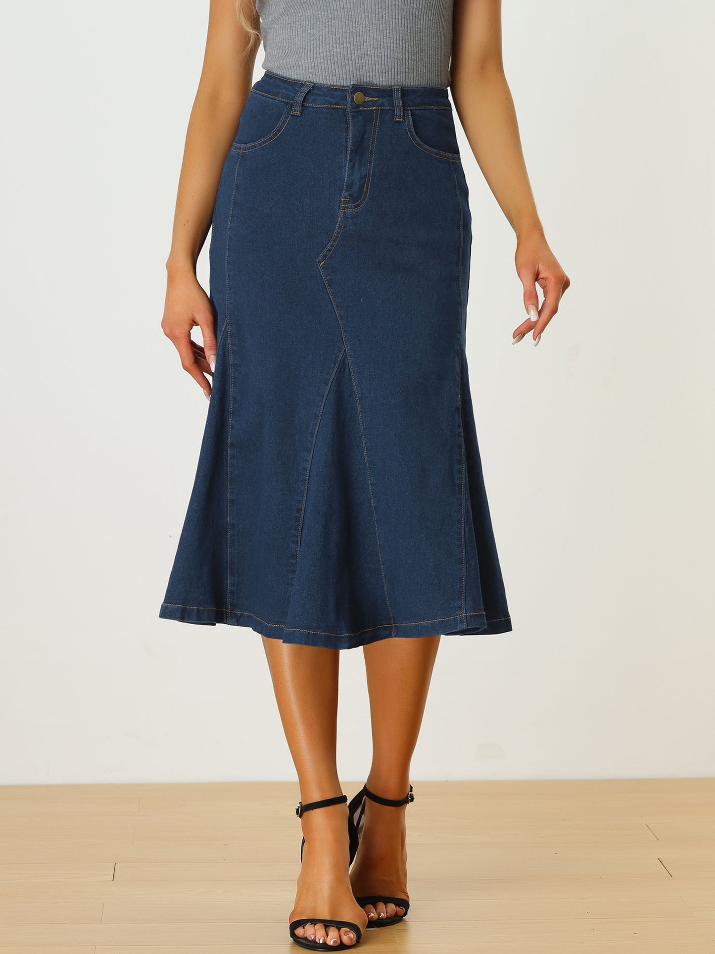 Women's Casual Denim Skirt High Waisted A-Line Flared Midi Skirts (Available in Plus Size)