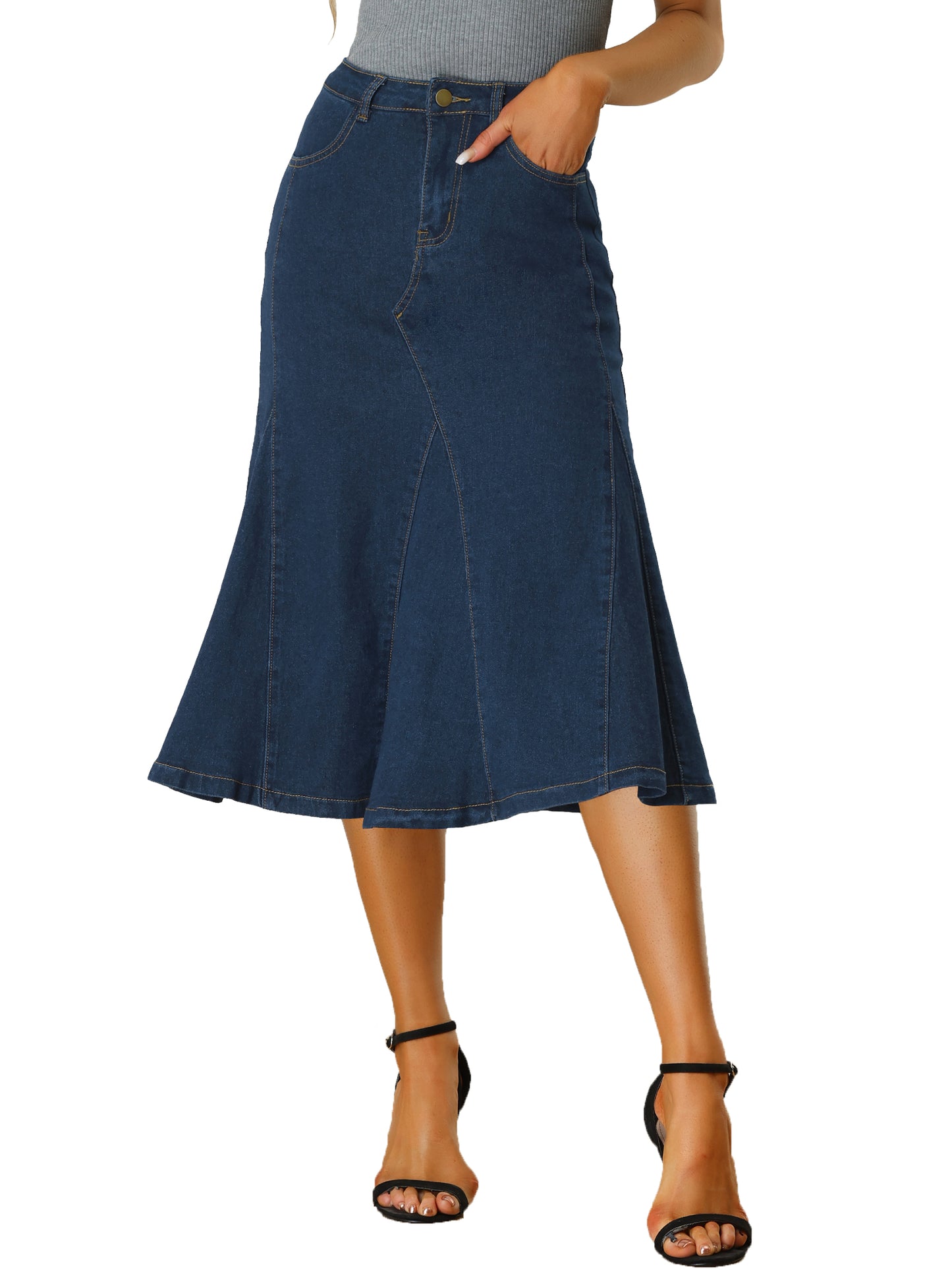 Women's Casual Denim Skirt High Waisted A-Line Flared Midi Skirts (Available in Plus Size)