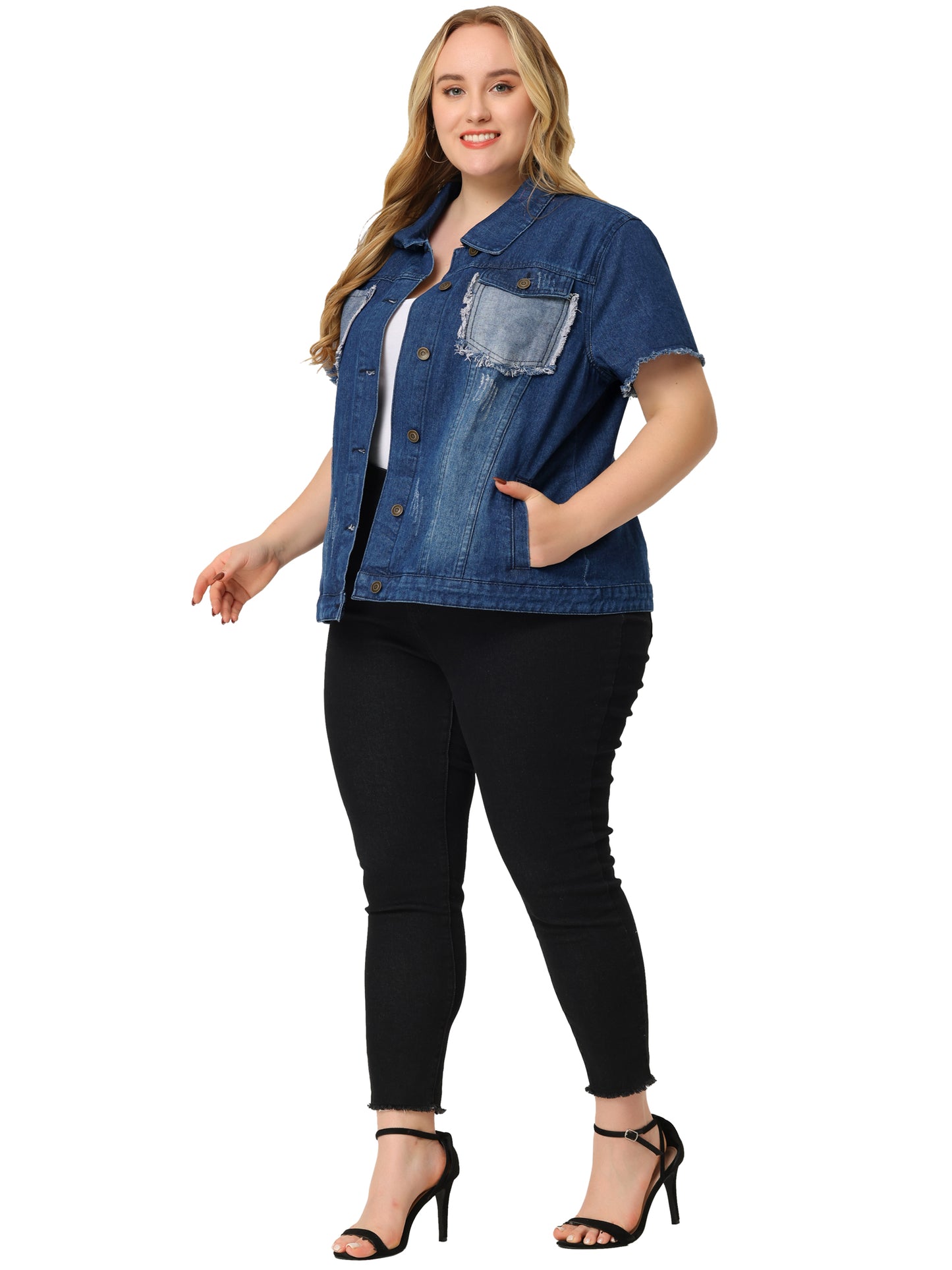 Women's Plus Size Summer Denim Jackets Button Washed Frayed Jean Short Denim Jacket