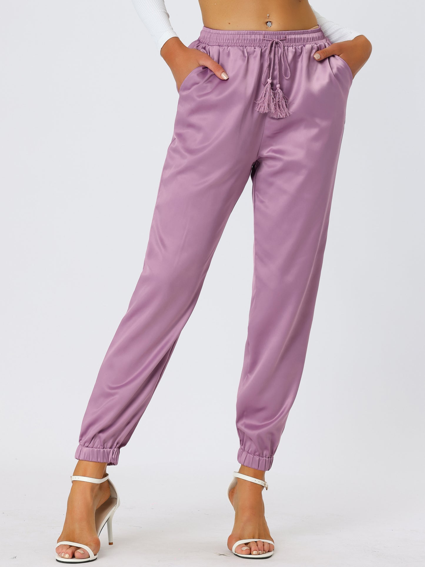 Women's Drawstring Elastic Waist Athleisure Pants Casual Ankle Length Satin Joggers with Pocket