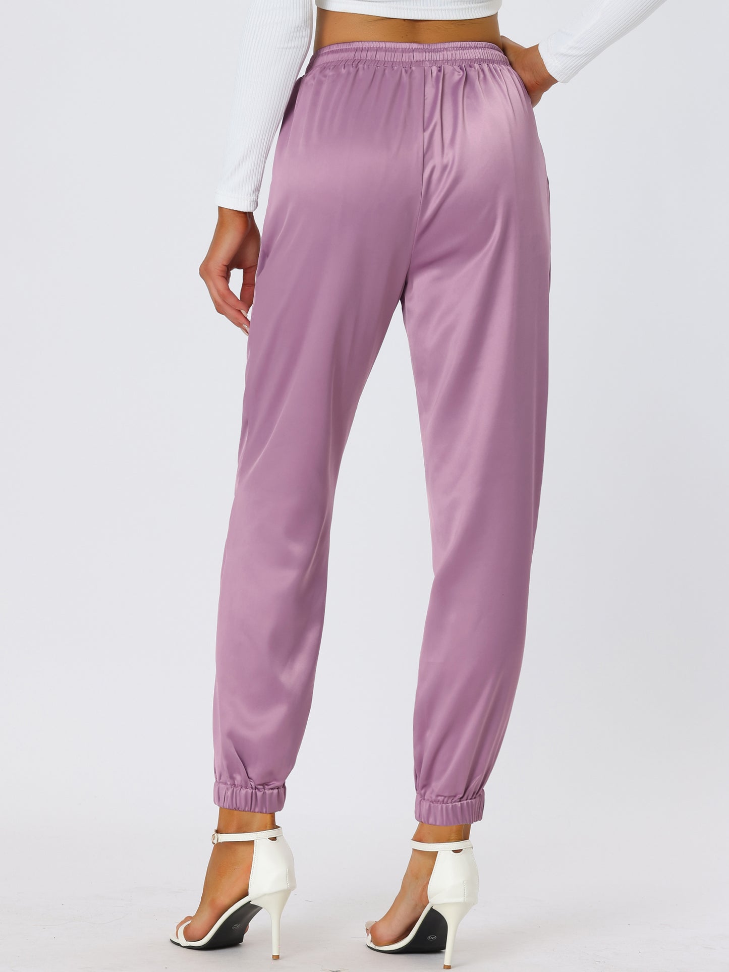 Women's Drawstring Elastic Waist Athleisure Pants Casual Ankle Length Satin Joggers with Pocket