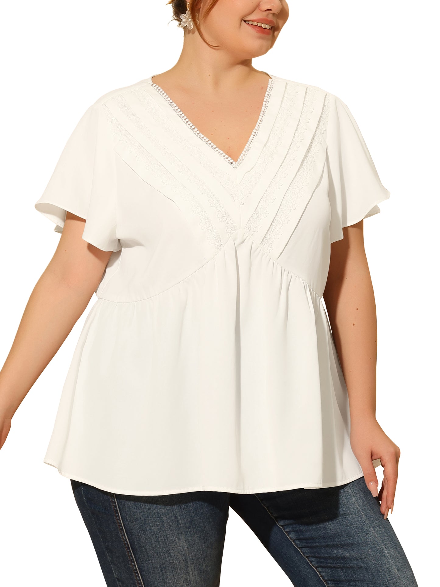 Women Plus Size Top Summer Flare Sleeve V Neck Lace Front Work Peplum Blouse