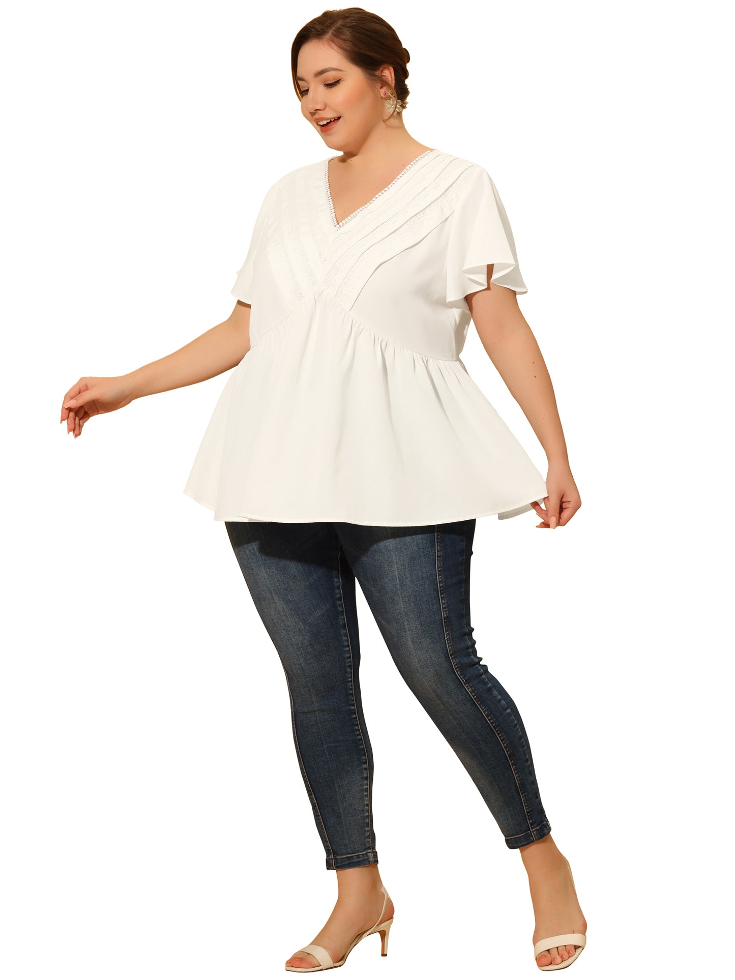 Women Plus Size Top Summer Flare Sleeve V Neck Lace Front Work Peplum Blouse