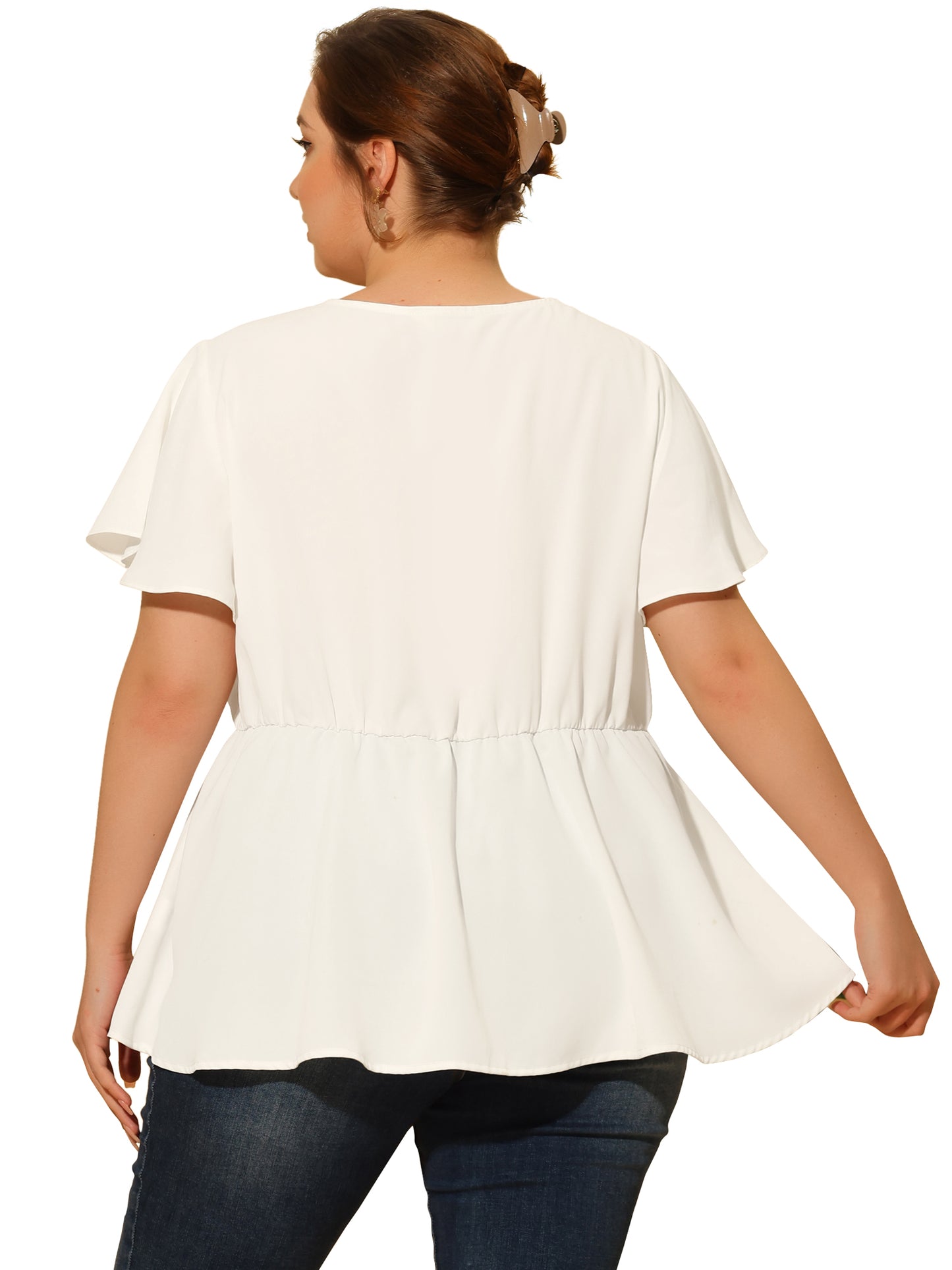 Women Plus Size Top Summer Flare Sleeve V Neck Lace Front Work Peplum Blouse