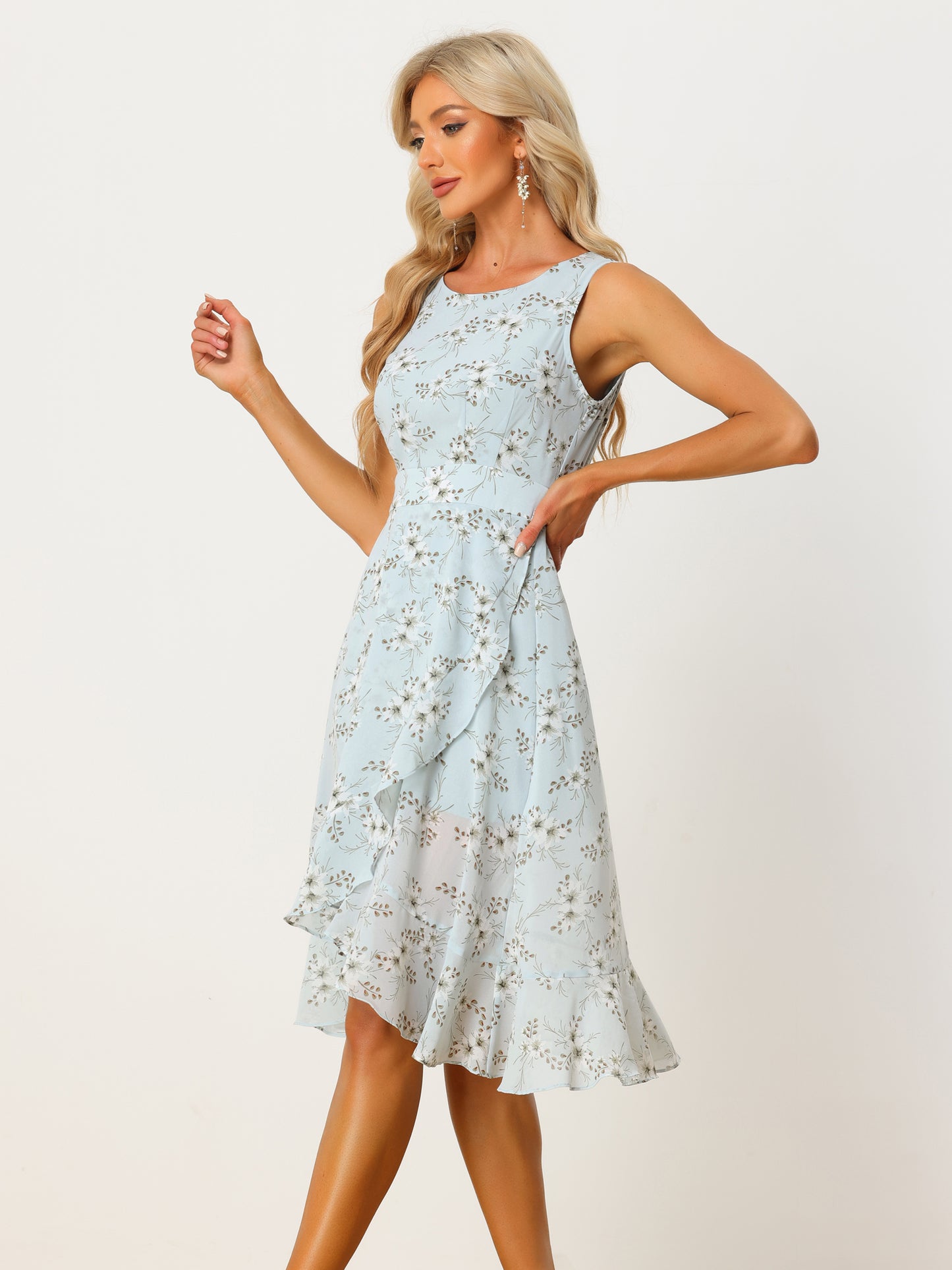 Women's Summer Dresses Wrap Ruffle High Low Hem Round Neck Keyhole Back Sleeveless Floral Dress