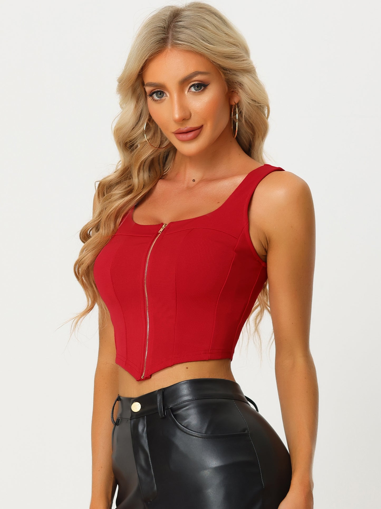 Women's Square Neck Asymmetrical Hem Zip Front Crop Cami Tank Top