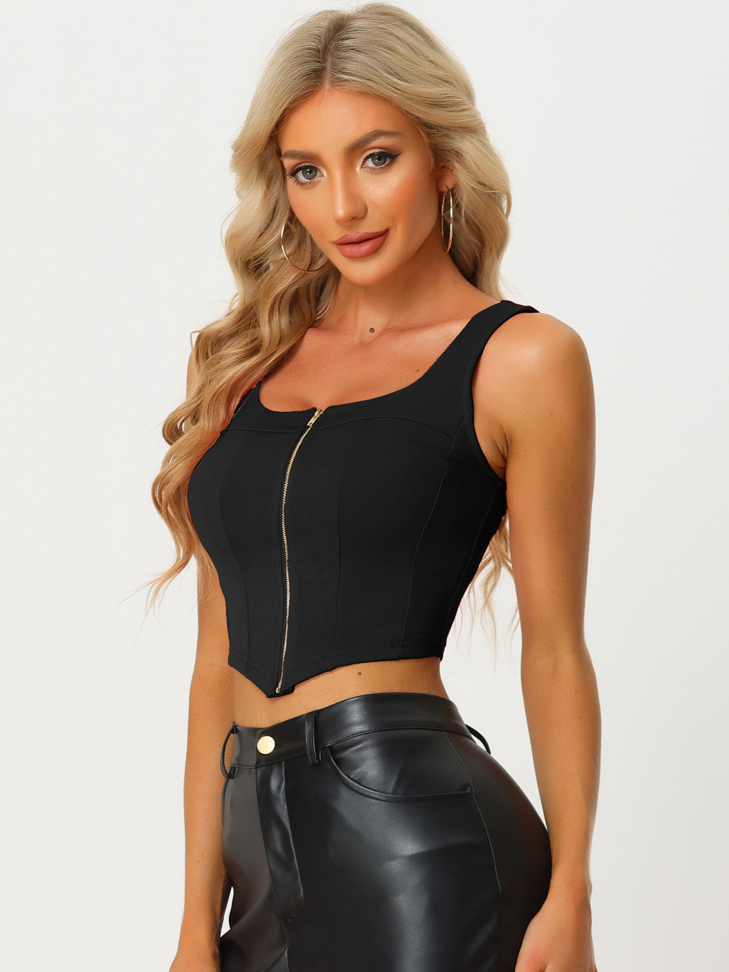 Women's Square Neck Asymmetrical Hem Zip Front Crop Cami Tank Top