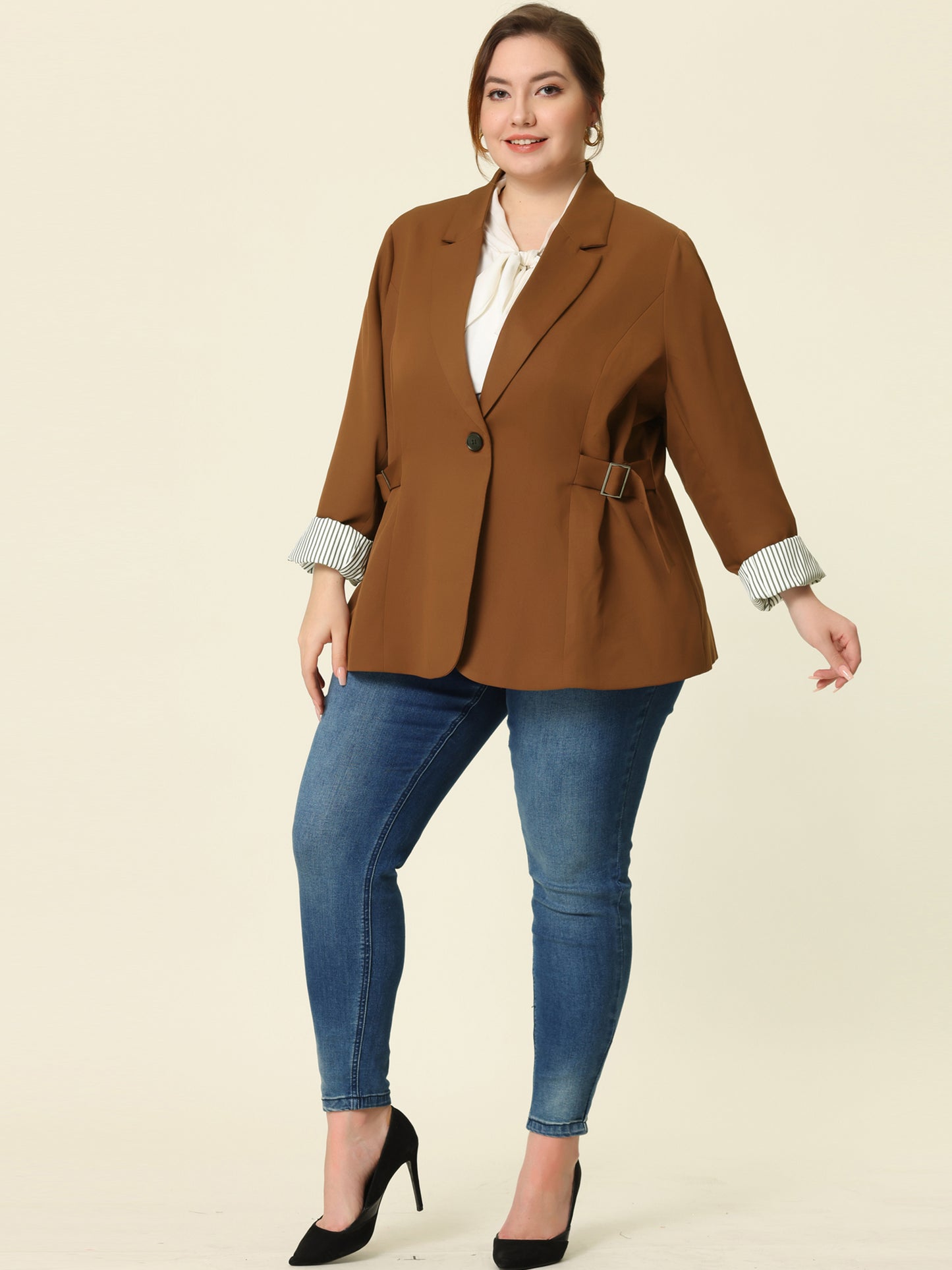 Women's Plus Size Contrast Stripe Cuff Notched Lapel Casual Blazers Jacket