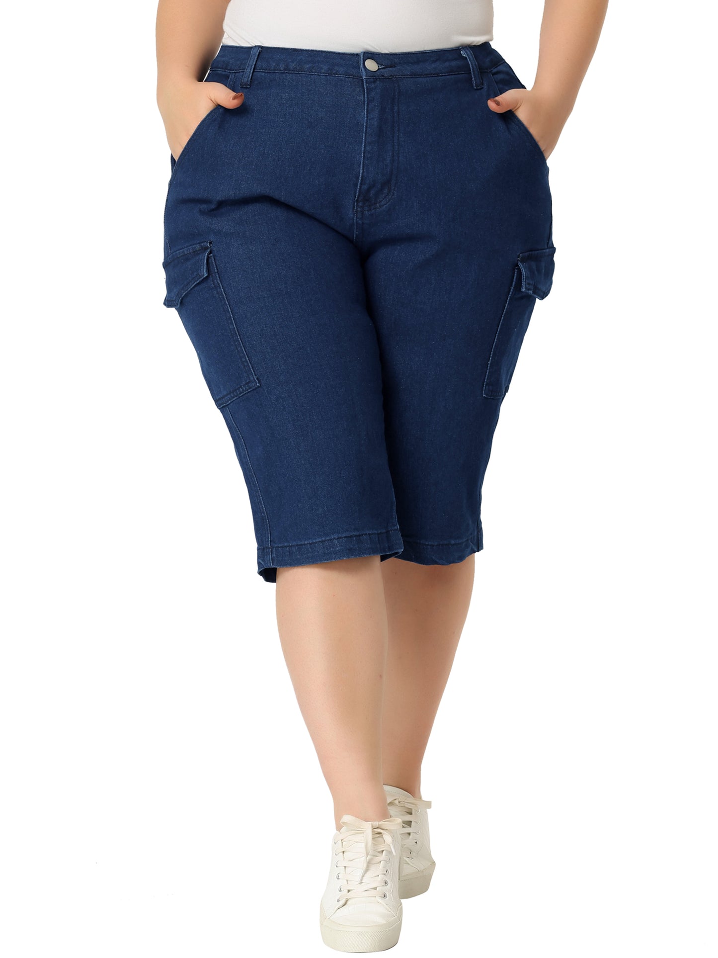 Women Plus Size Denim Shorts Summer Slash Pocket Button Cargo Jeans