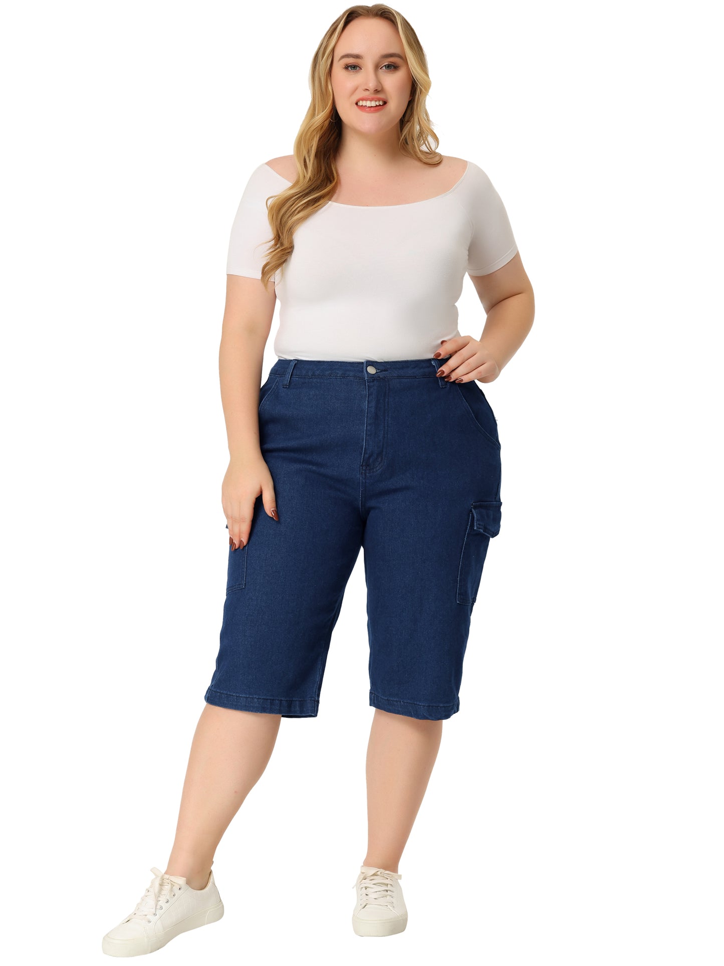 Women Plus Size Denim Shorts Summer Slash Pocket Button Cargo Jeans