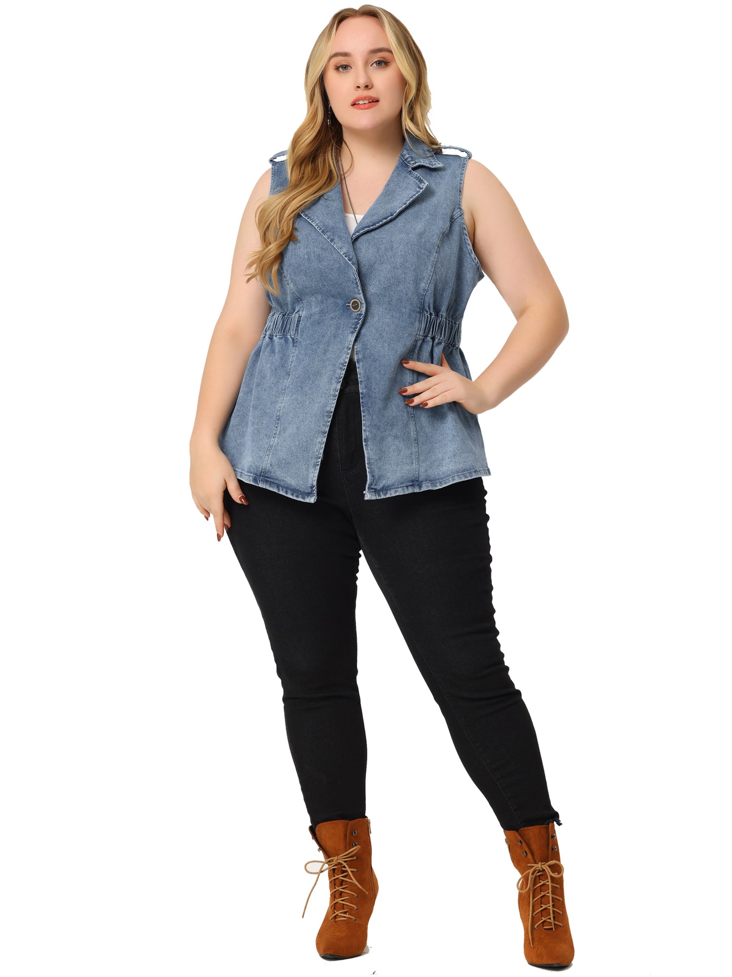 Women's Plus Size Denim Vest Sleeveless Lapel Button Elastic Waist Casual Denim Jackets Vest
