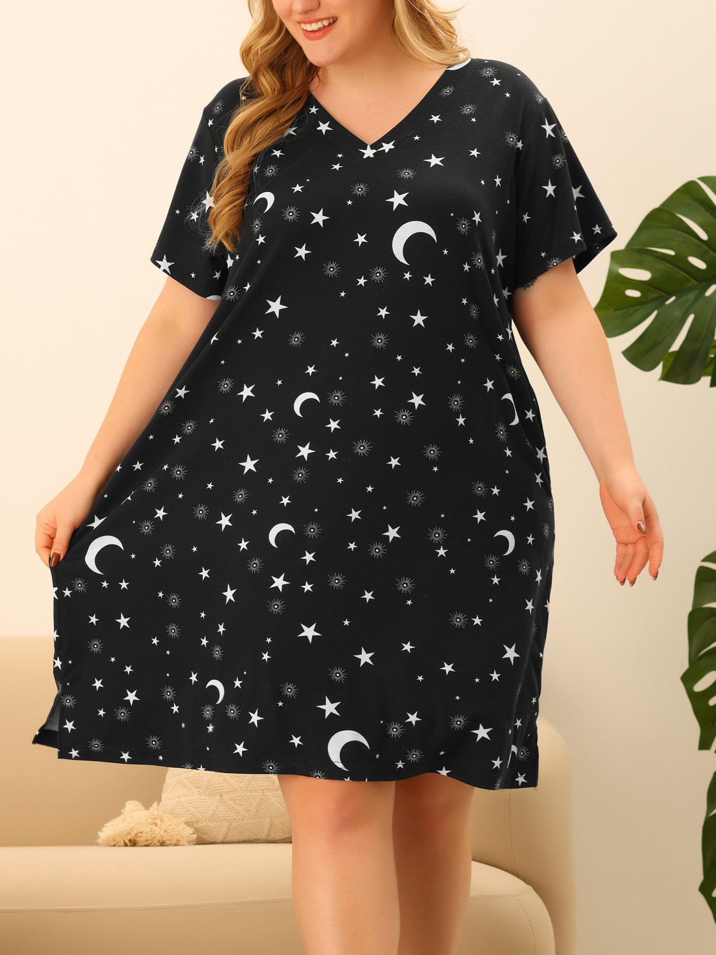 Pijama de talla grande para mujer, ropa de estar por casa, cuello en V, estampado de estrellas y lunas, camisón de dormir