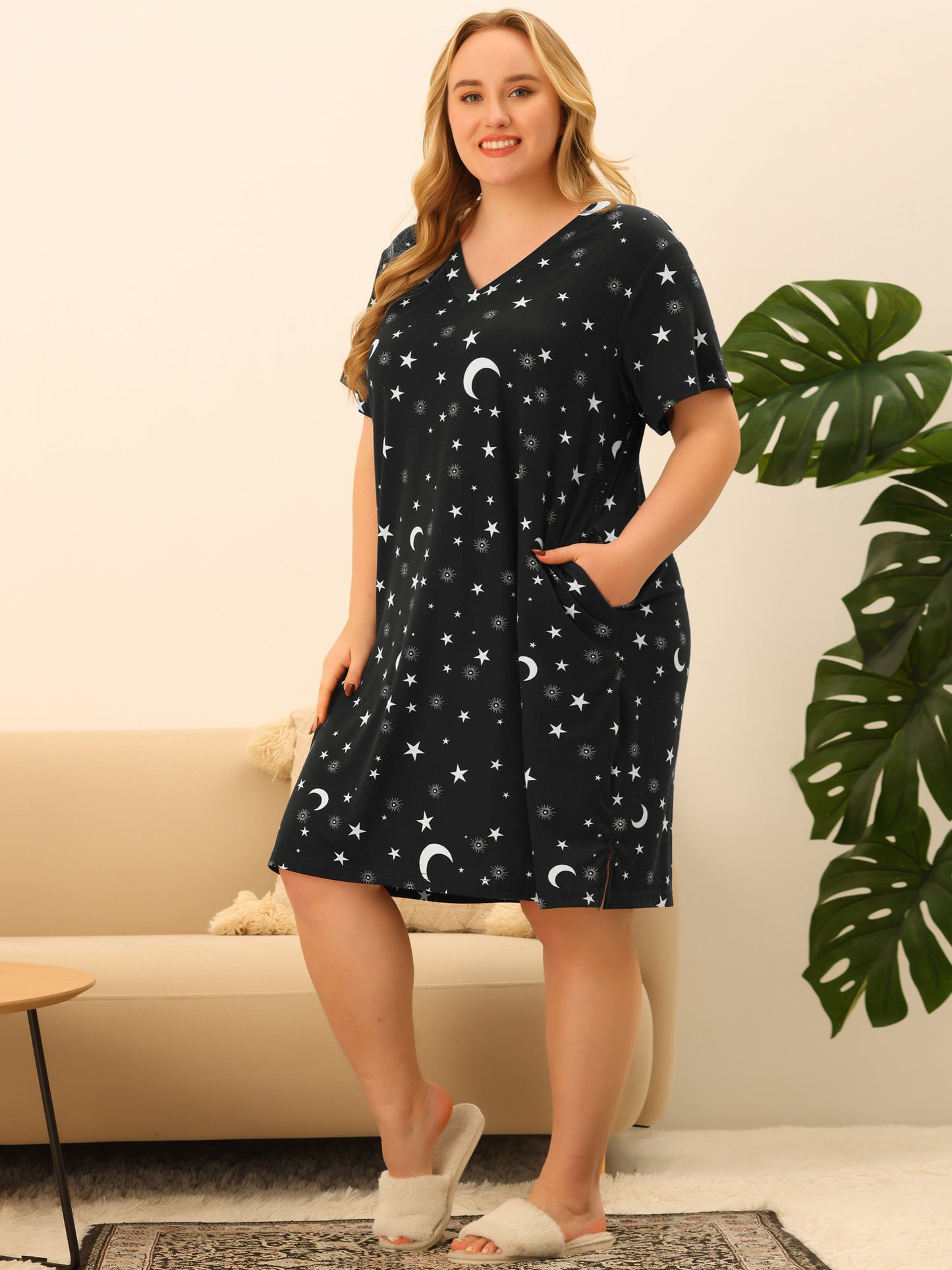 Pijama de talla grande para mujer, ropa de estar por casa, cuello en V, estampado de estrellas y lunas, camisón de dormir