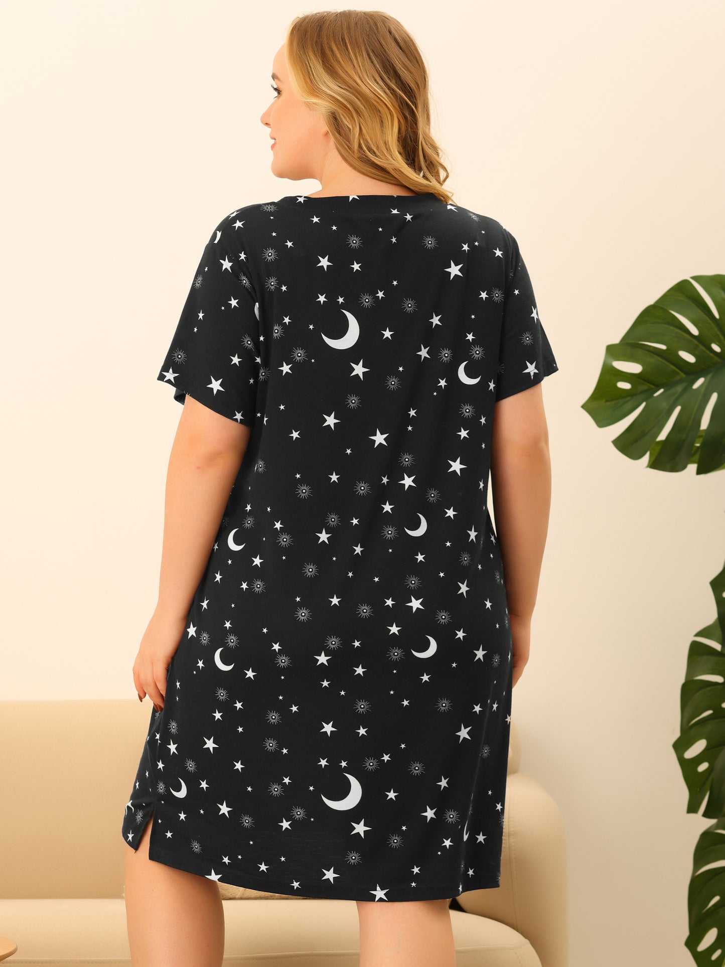 Pijama de talla grande para mujer, ropa de estar por casa, cuello en V, estampado de estrellas y lunas, camisón de dormir
