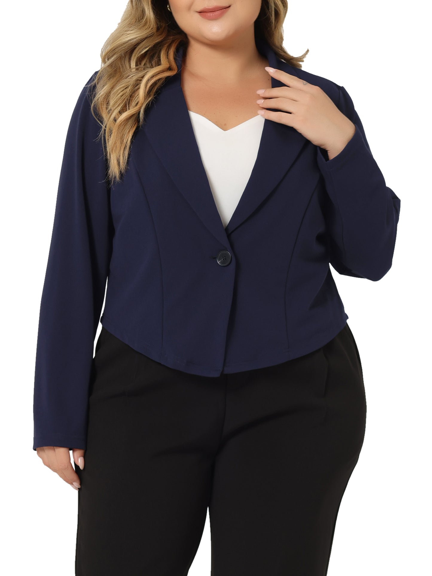 Women Plus Size Business Suit Blazer Button Office Work Navy Blue Crop Suit Jacket
