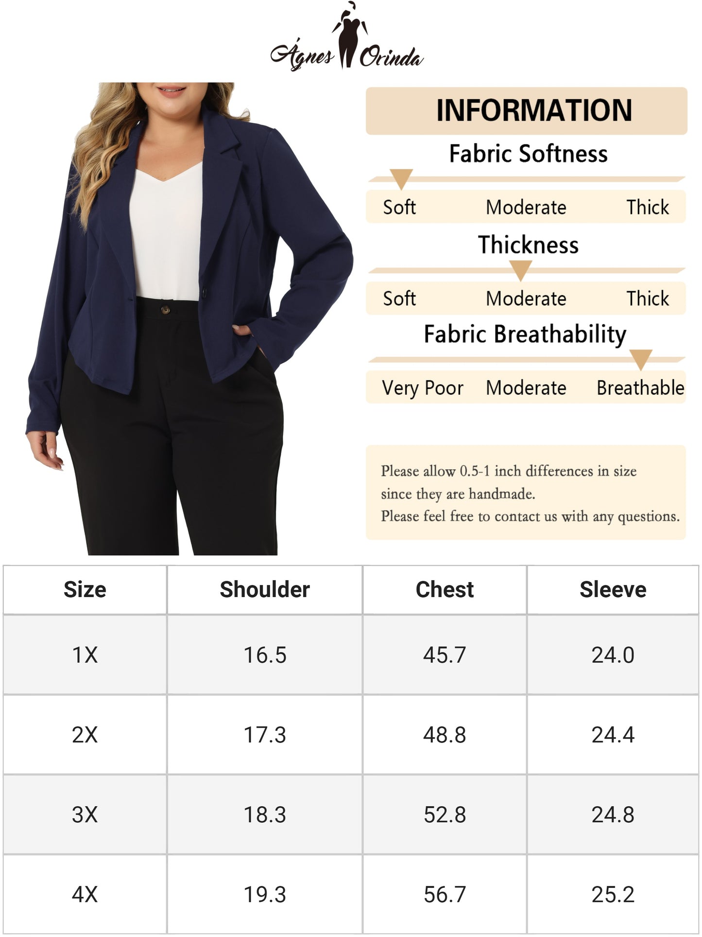 Women Plus Size Business Suit Blazer Button Office Work Navy Blue Crop Suit Jacket
