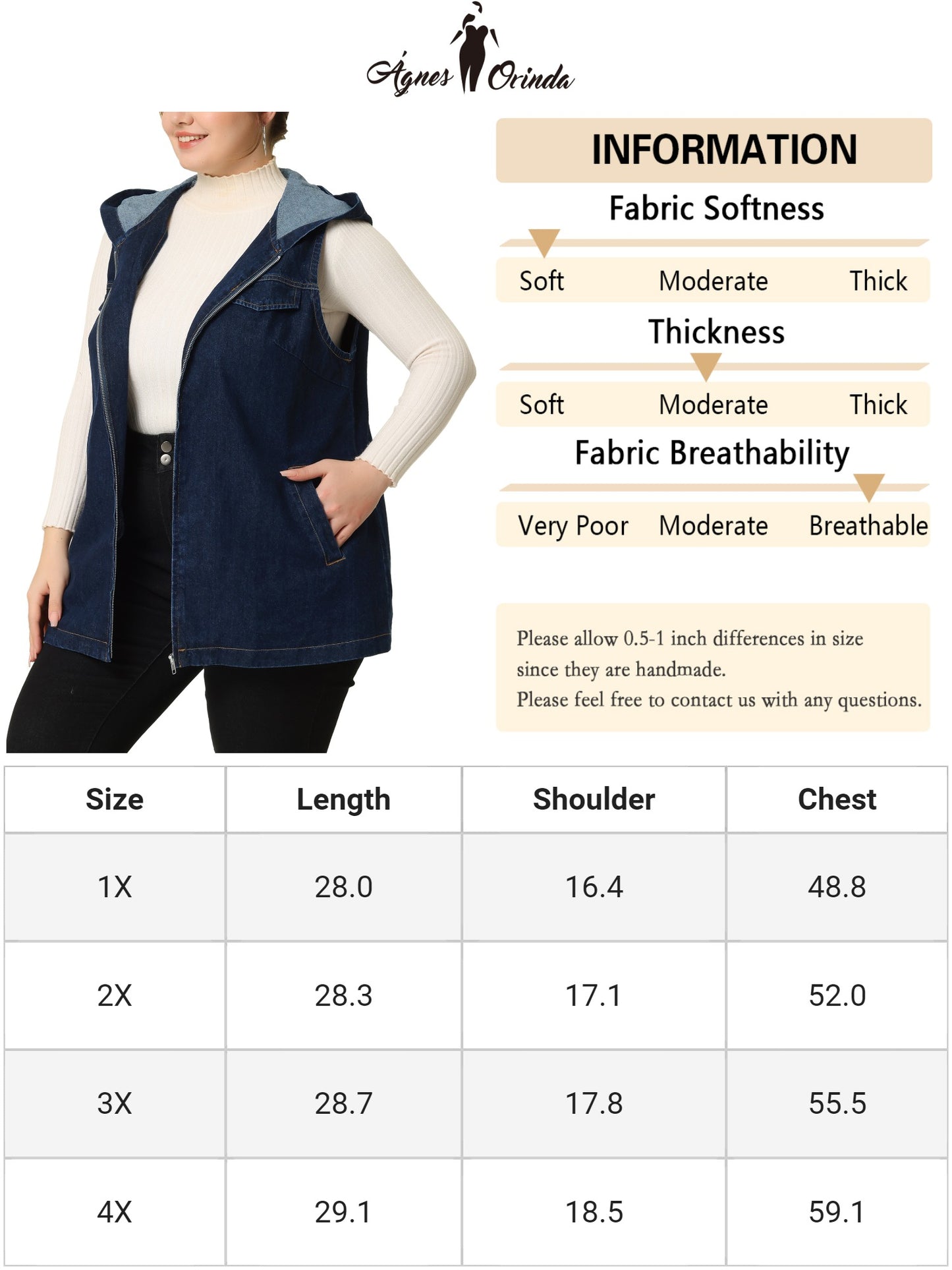 Women Plus Size Denim Vest Sleeveless Lightweight Hoodie Utility Denim Jacket Vest