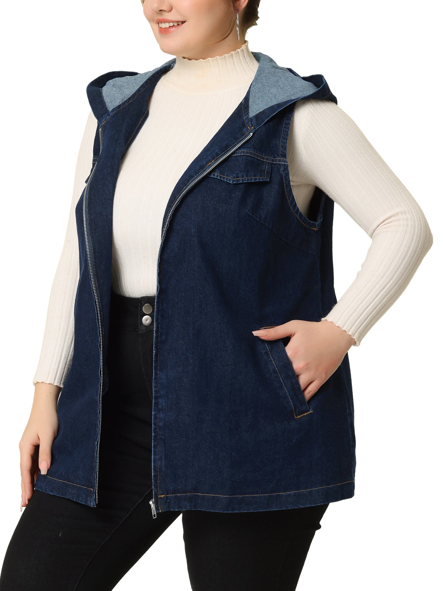 Women Plus Size Denim Vest Sleeveless Lightweight Hoodie Utility Denim Jacket Vest
