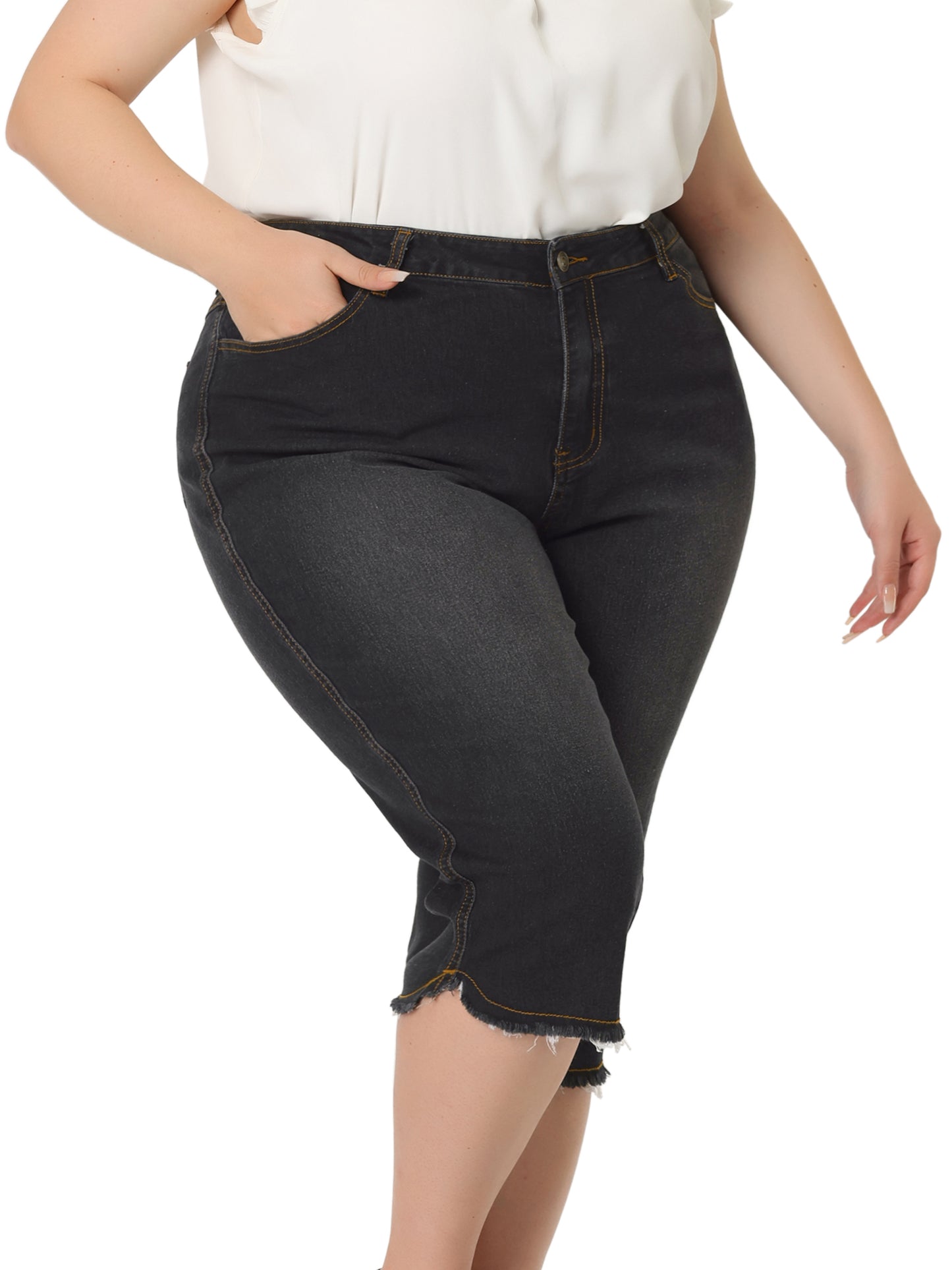Women Plus Size Capri Jean Shorts Summer Mid Rise Stretchy Straight Leg Denim Jeggings with Pockets