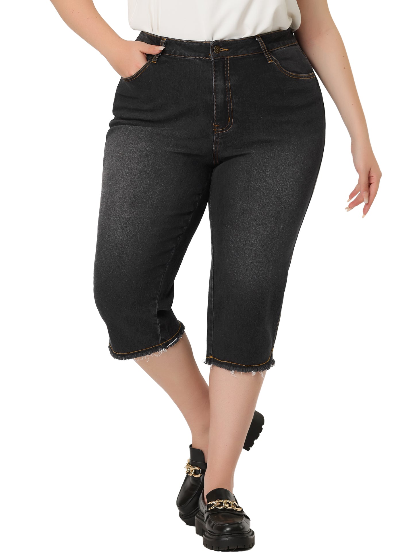 Women Plus Size Capri Jean Shorts Summer Mid Rise Stretchy Straight Leg Denim Jeggings with Pockets