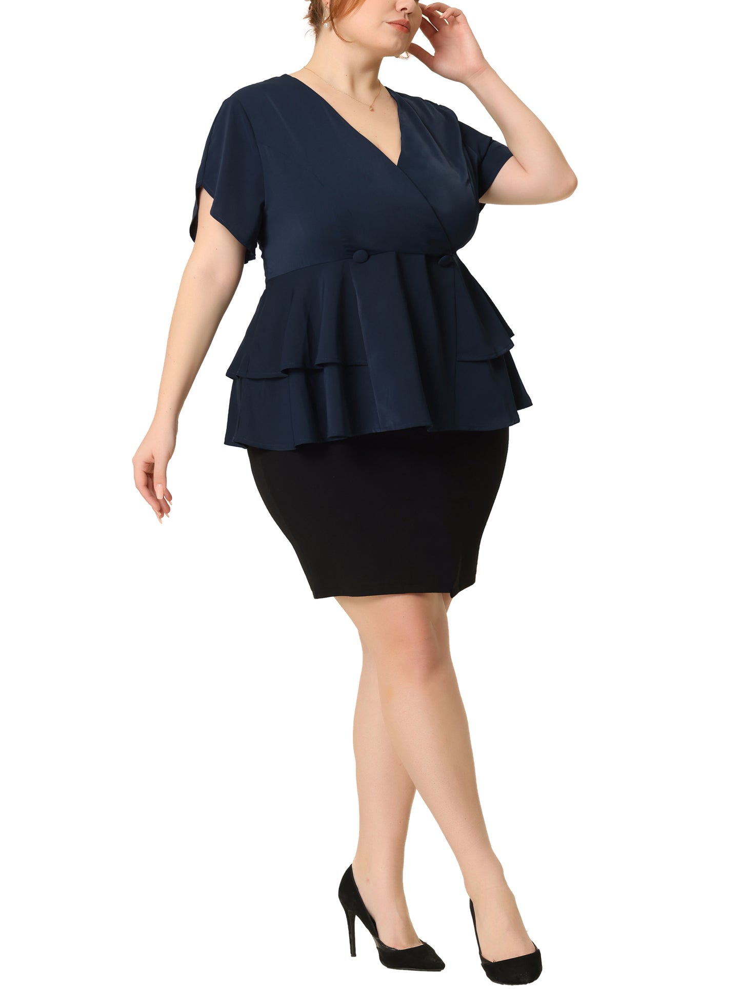 Women Plus Size Peplum Top Work V Neck Ruffle Hem Buttons Front Blazer Top