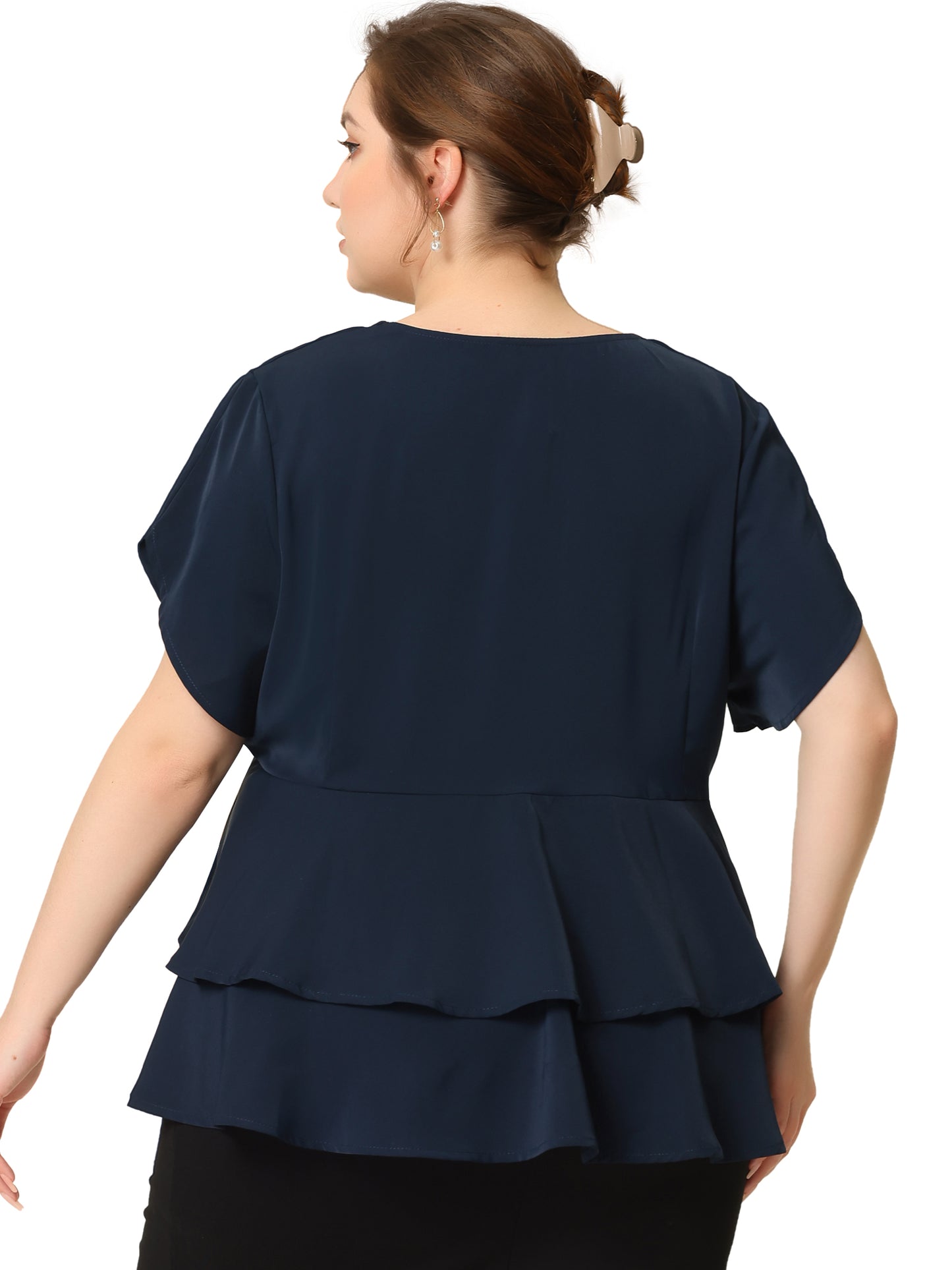 Women Plus Size Peplum Top Work V Neck Ruffle Hem Buttons Front Blazer Top